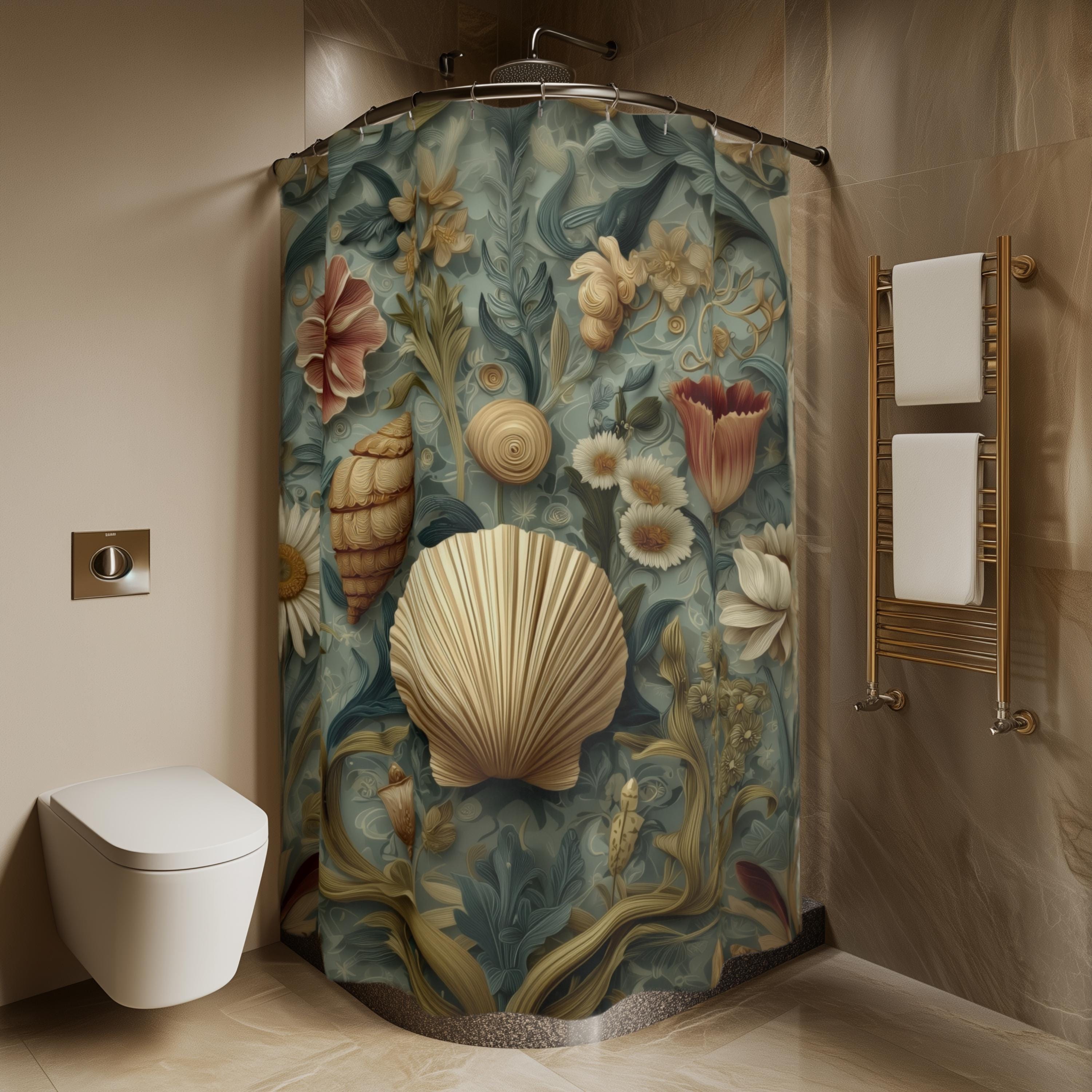 William Morris Seashell Fabric Shower Curtain: Coastal Cottage Bathroom Decor
