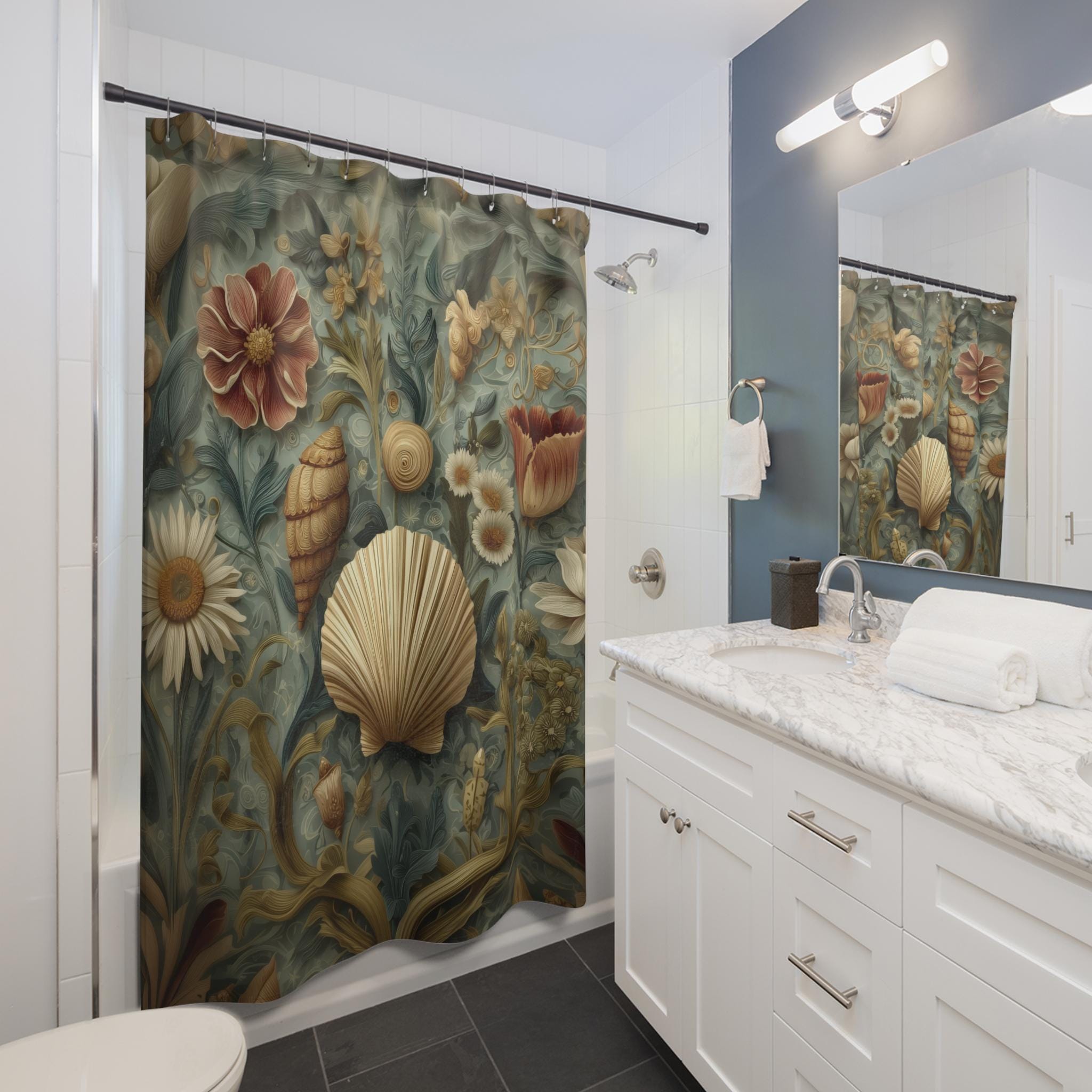 William Morris Seashell Fabric Shower Curtain: Coastal Cottage Bathroom Decor