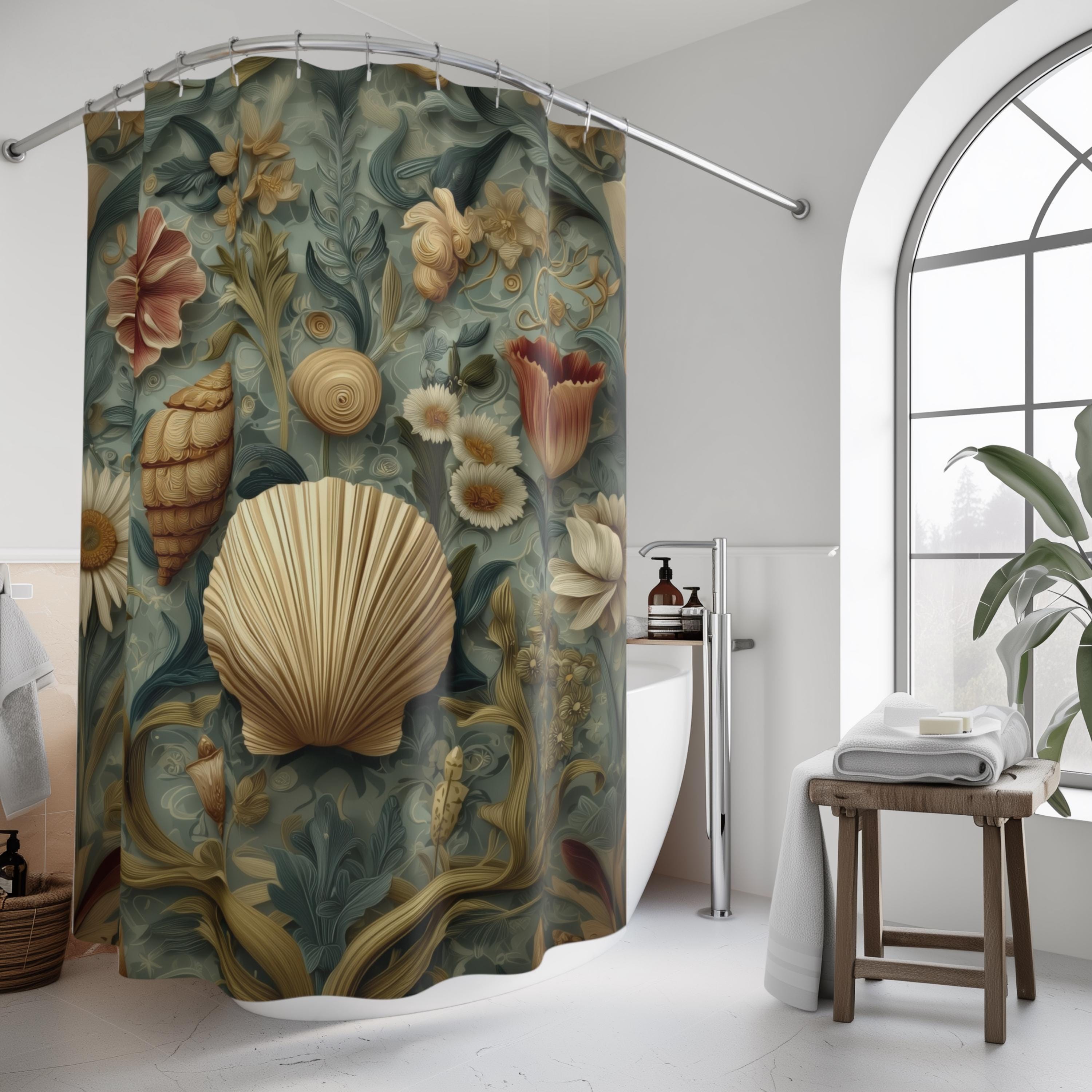 William Morris Seashell Fabric Shower Curtain: Coastal Cottage Bathroom Decor