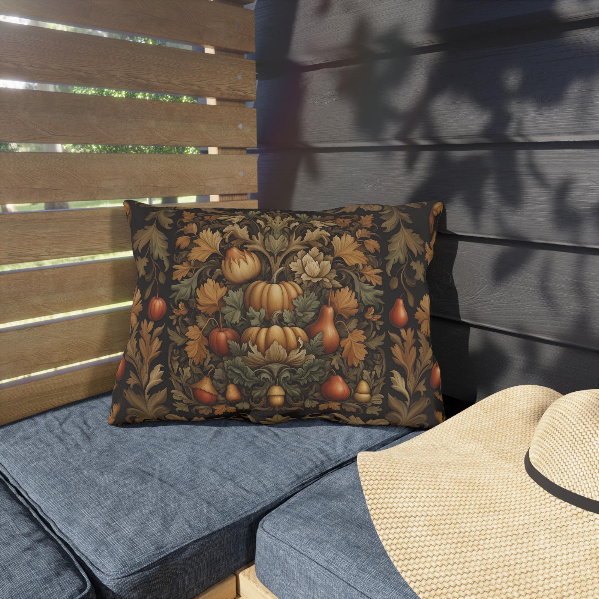 William Morris Outdoor Pillow: Autumn Harvest Tapestry Pumpkin Fall Vintage Style Porch Decor