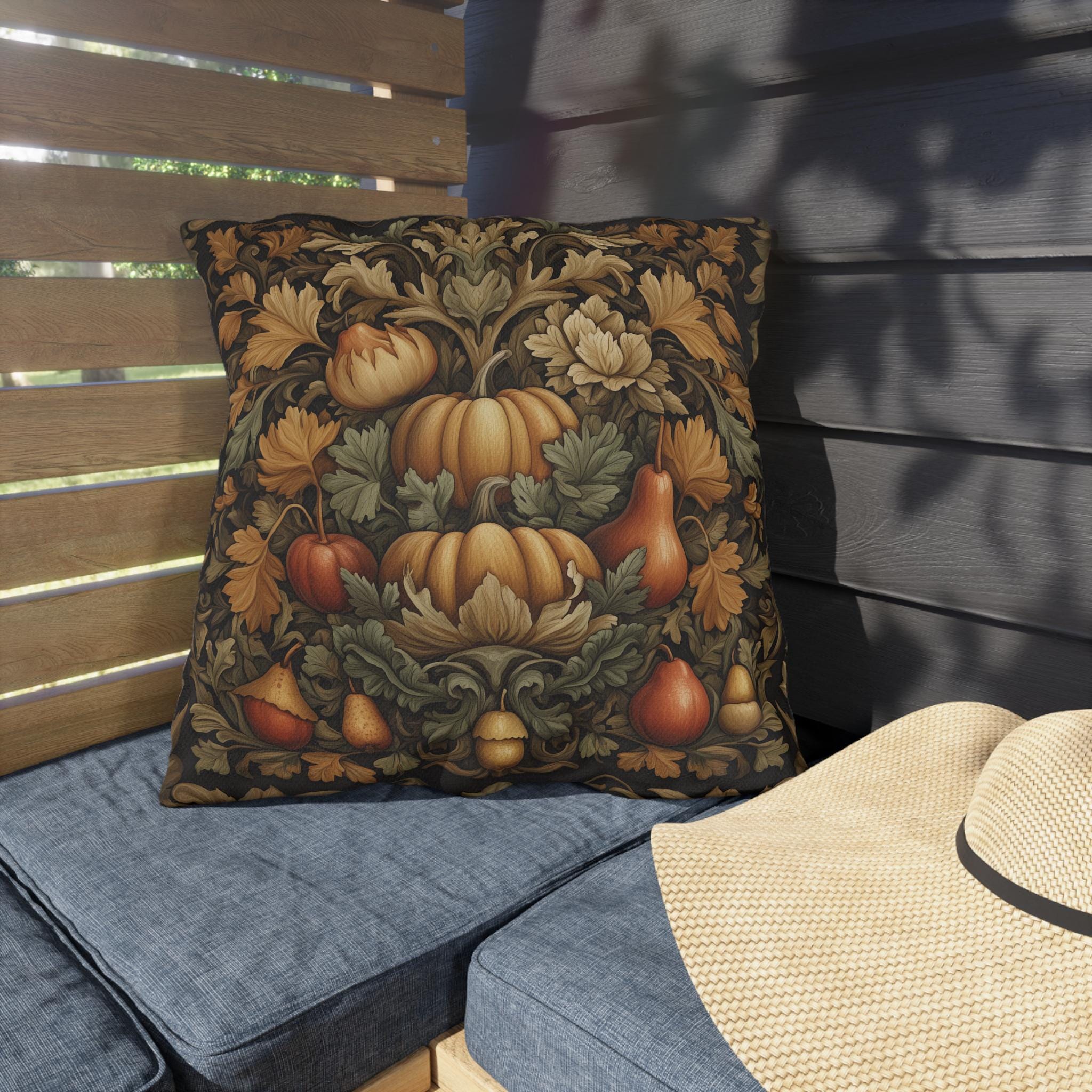 William Morris Outdoor Pillow: Autumn Harvest Tapestry Pumpkin Fall Vintage Style Porch Decor