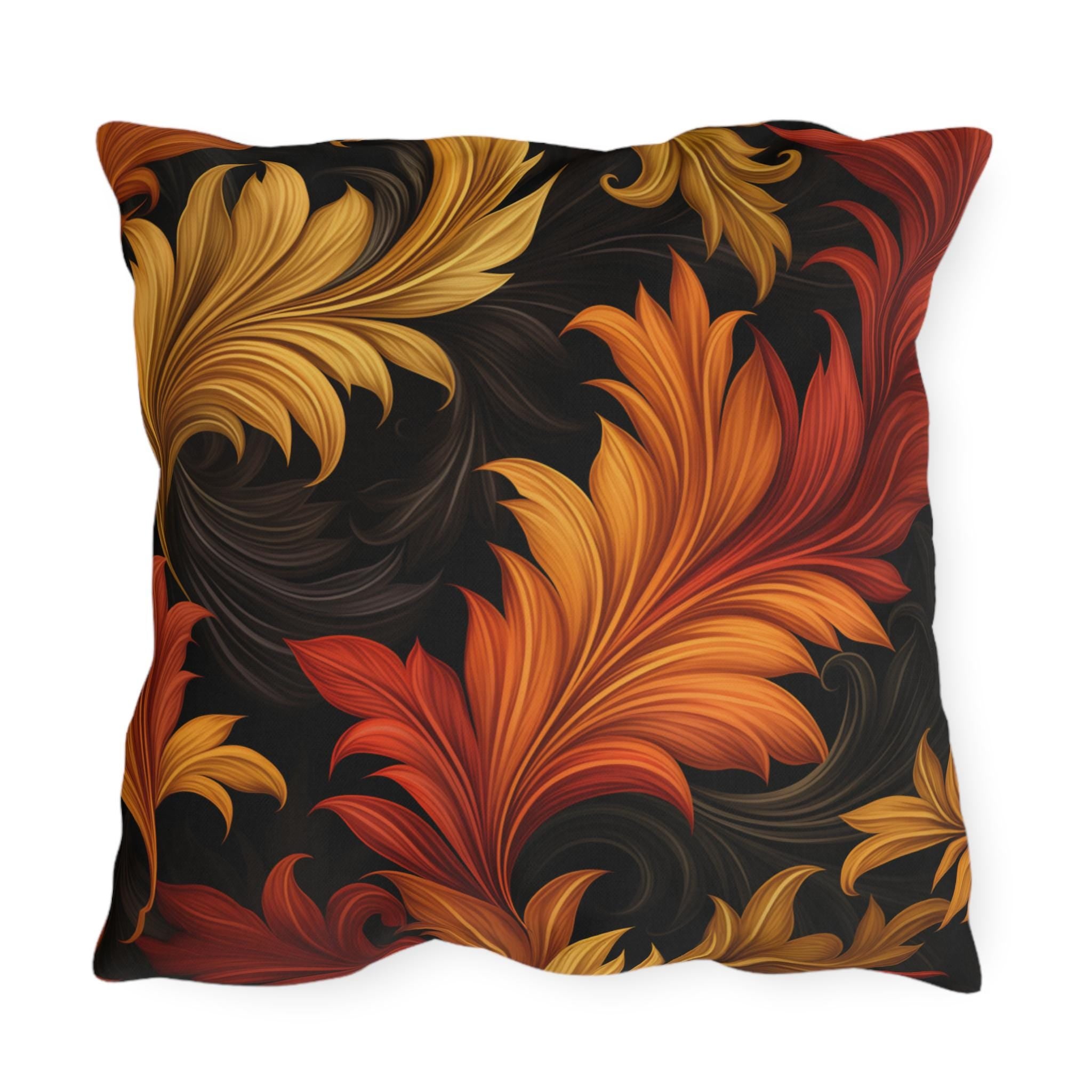 Autumn Leaves Outdoor Pillow: Gold, Orange and Red Floral Design