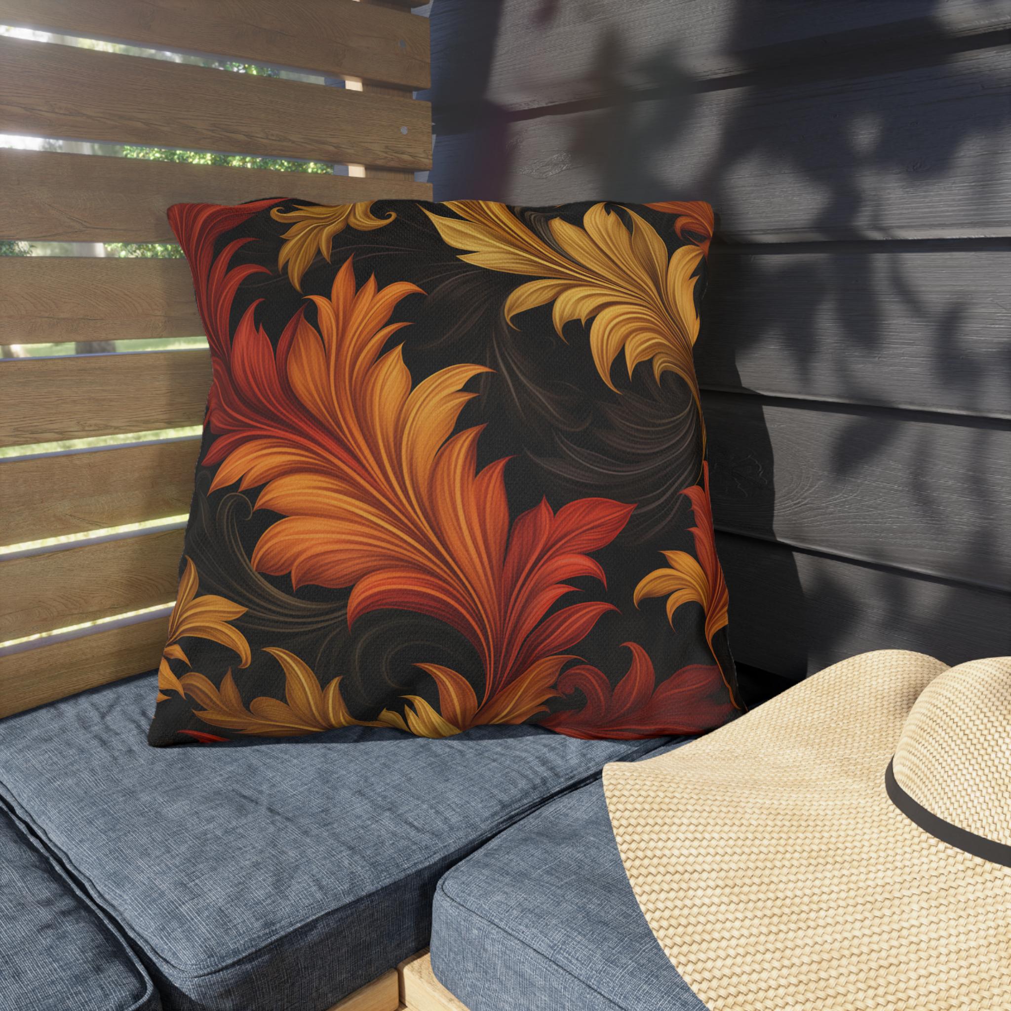 Autumn Leaves Outdoor Pillow: Gold, Orange and Red Floral Design