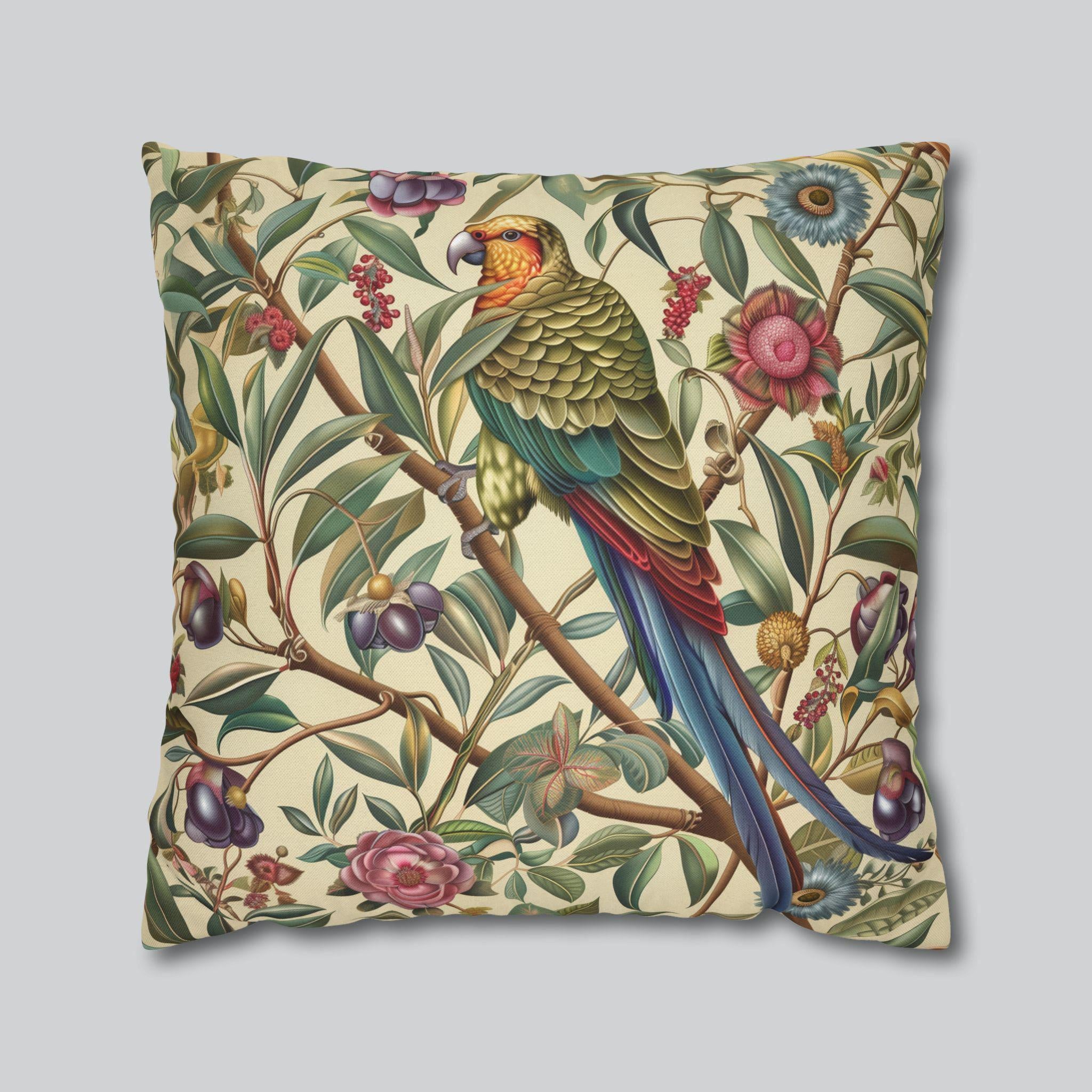 William Morris Inspired Parrot Botanical Tapestry Pillow Cover - Vibrant Home Decor Accent