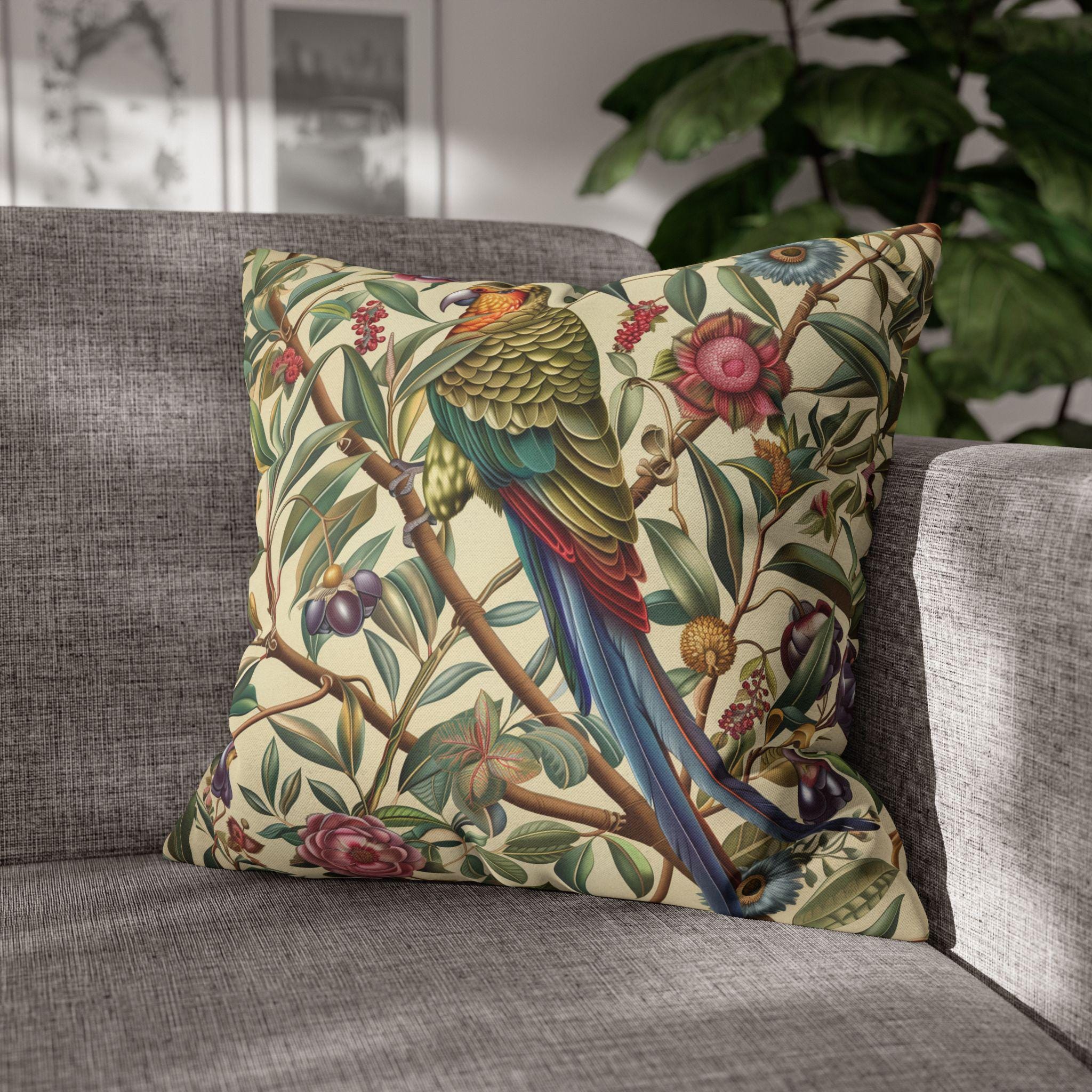 William Morris Inspired Parrot Botanical Tapestry Pillow Cover - Vibrant Home Decor Accent