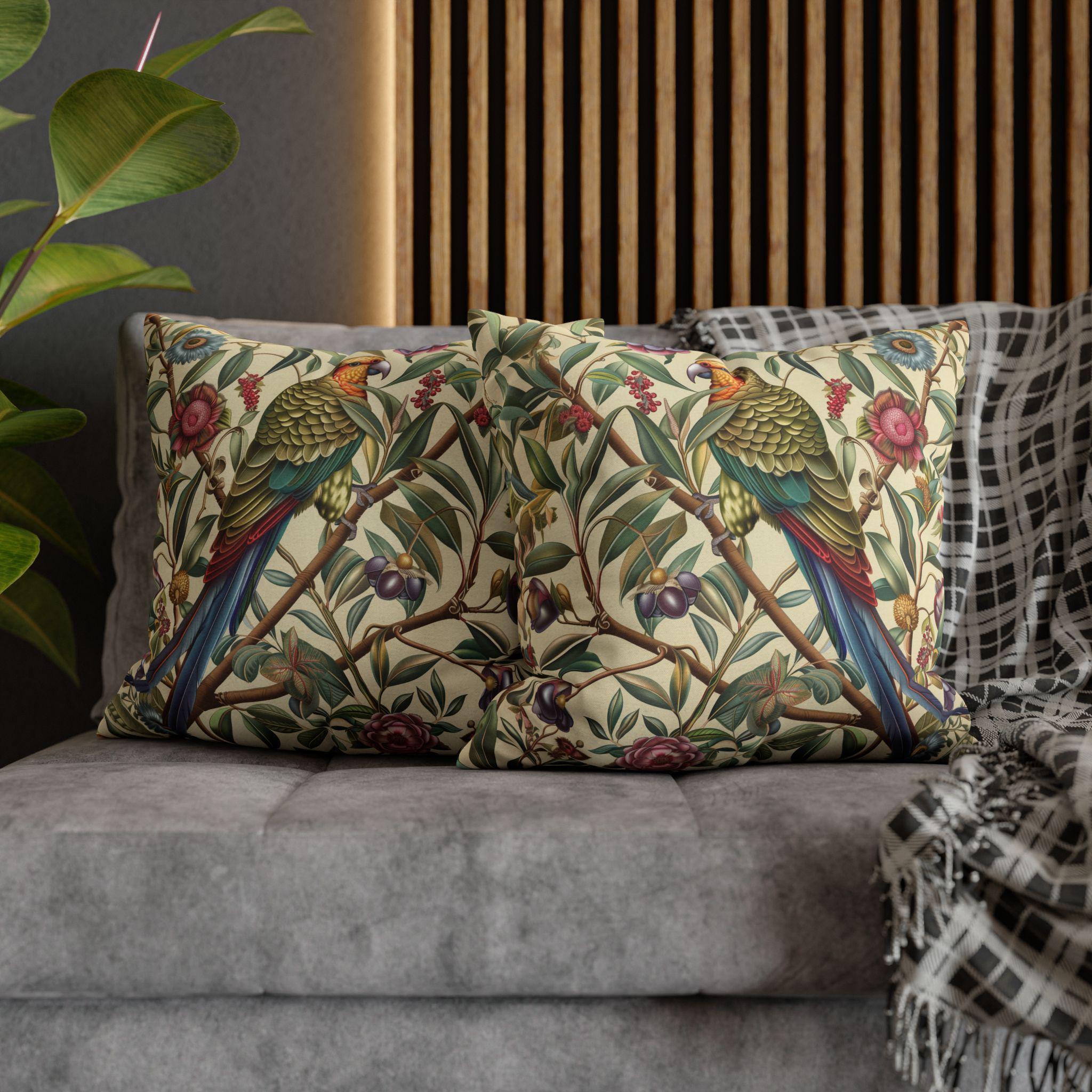 William Morris Inspired Parrot Botanical Tapestry Pillow Cover - Vibrant Home Decor Accent