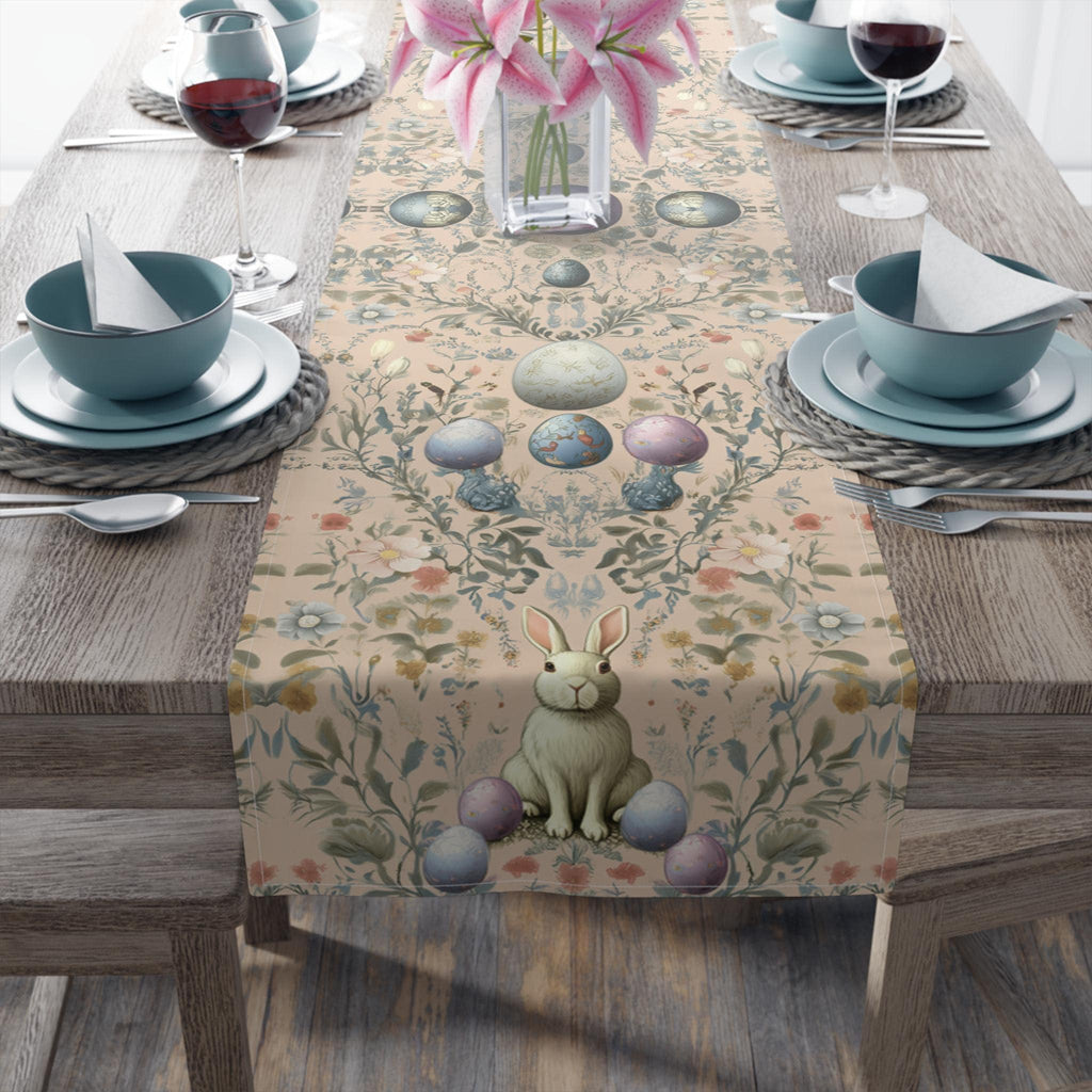 Blush Easter Table Runner: Pastel Bunny & Eggs, Spring Farmhouse Holiday Decor