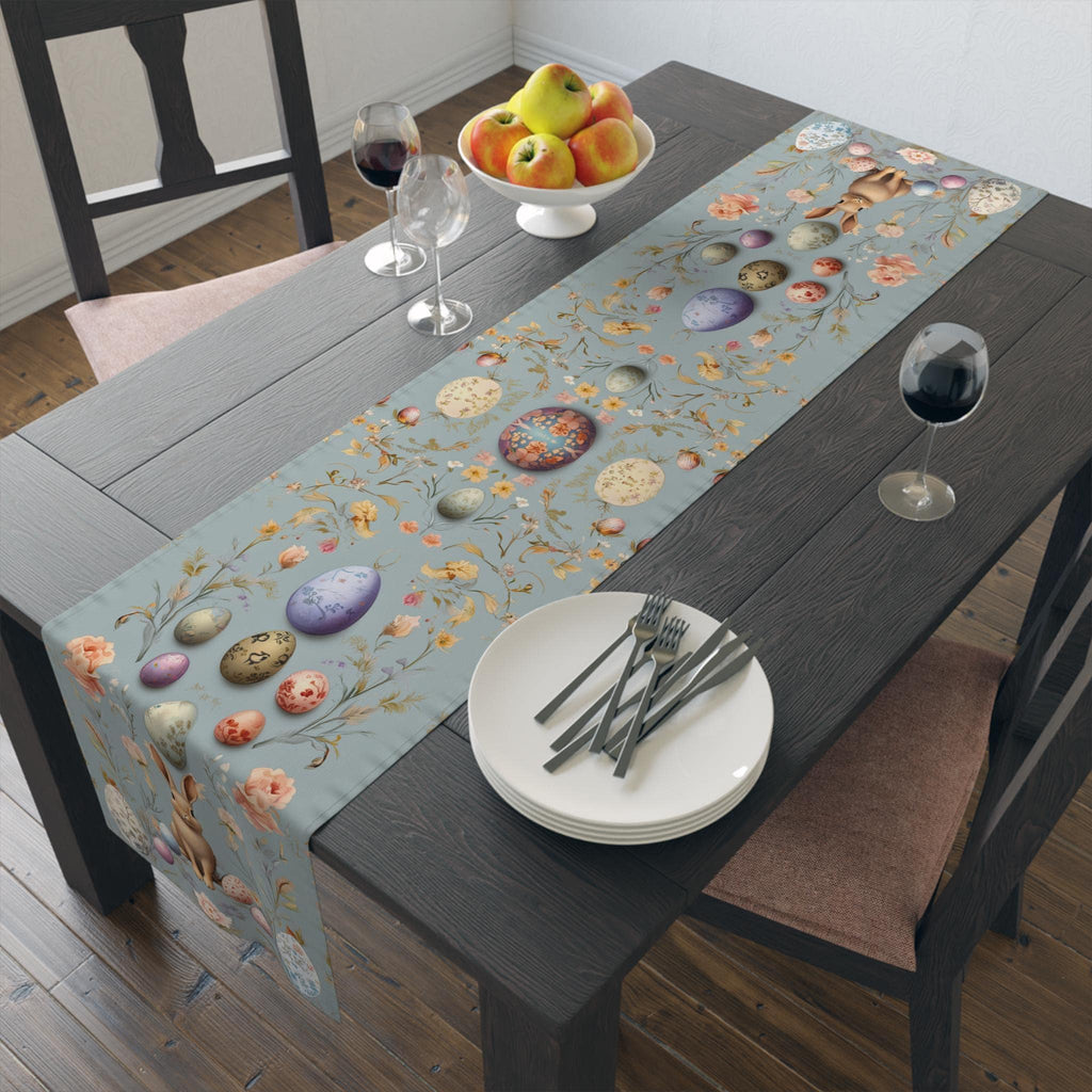 Floral Easter Table Runner: Pastel Botanical Design with Eggs & Bunnies - Spring Farmhouse Decor