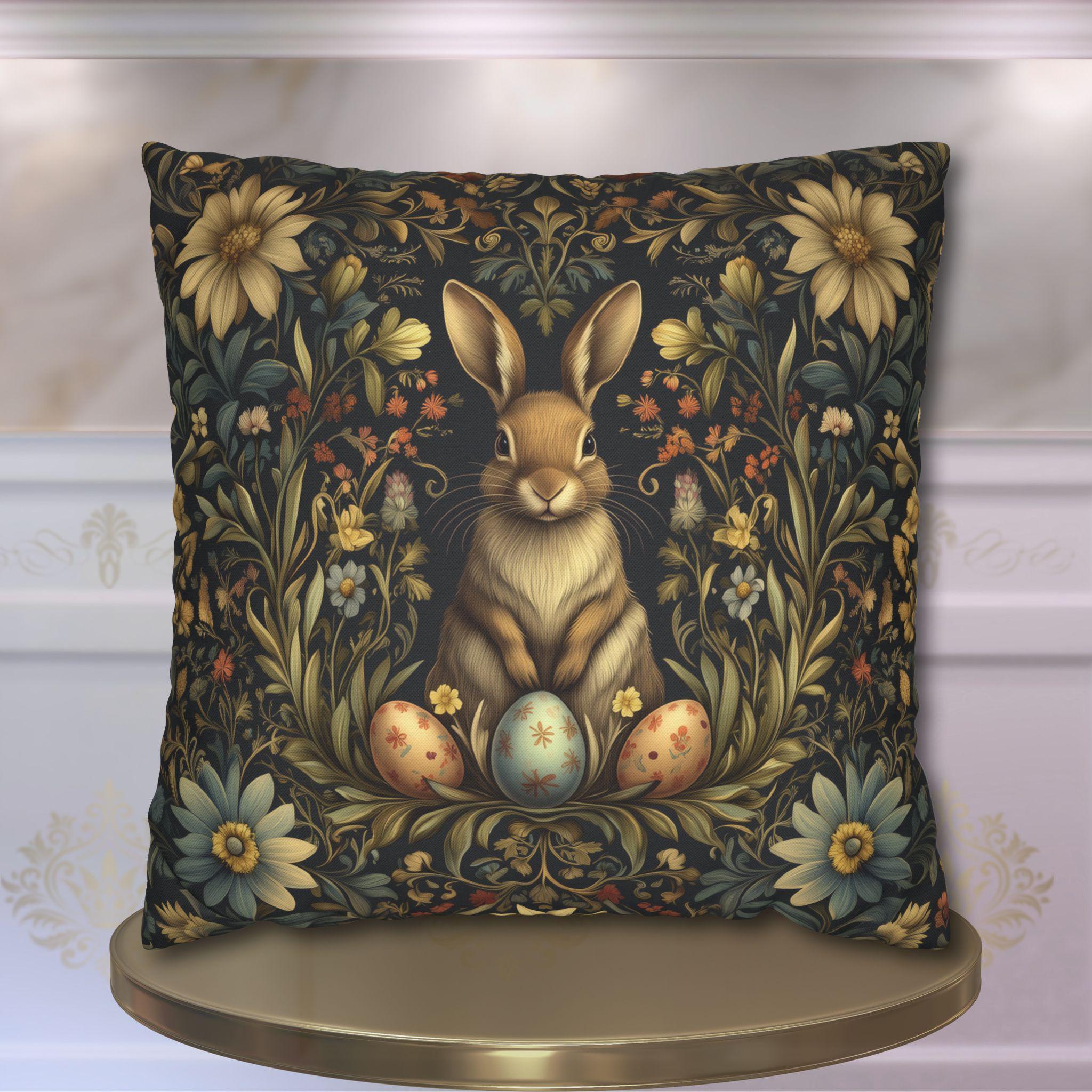 Vintage-Inspired Floral Bunny Pillowcase: William Morris Style Easter Decor, Retro Cushion Cover