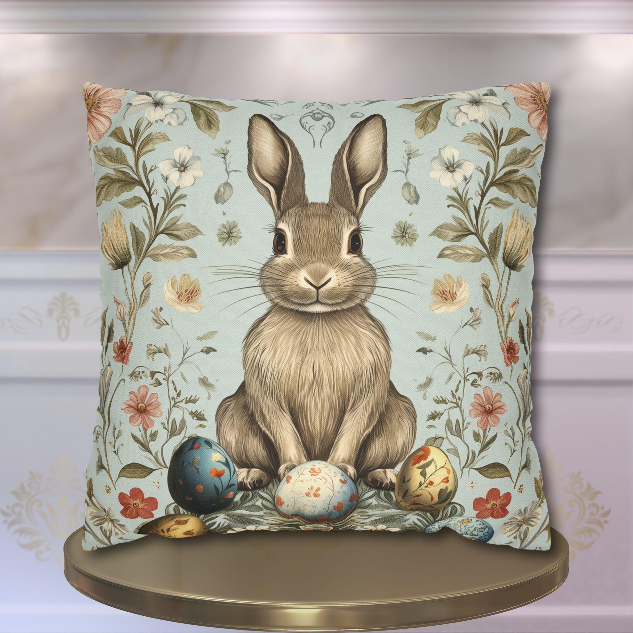 Vintage-Inspired Easter Bunny Pillowcase: William Morris-Style Floral Botanical Art in Pastel Blue