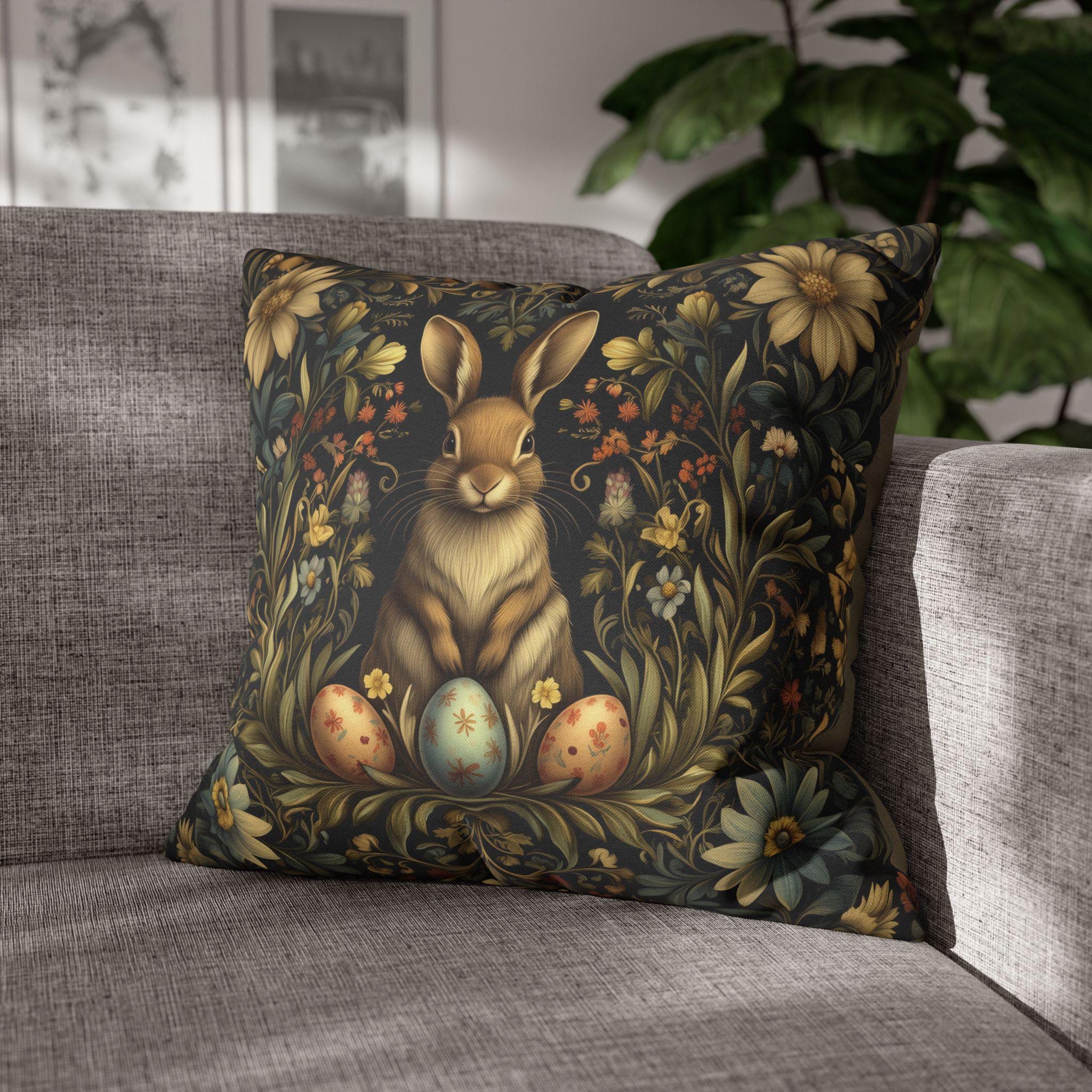 Vintage-Inspired Floral Bunny Pillowcase: William Morris Style Easter Decor, Retro Cushion Cover