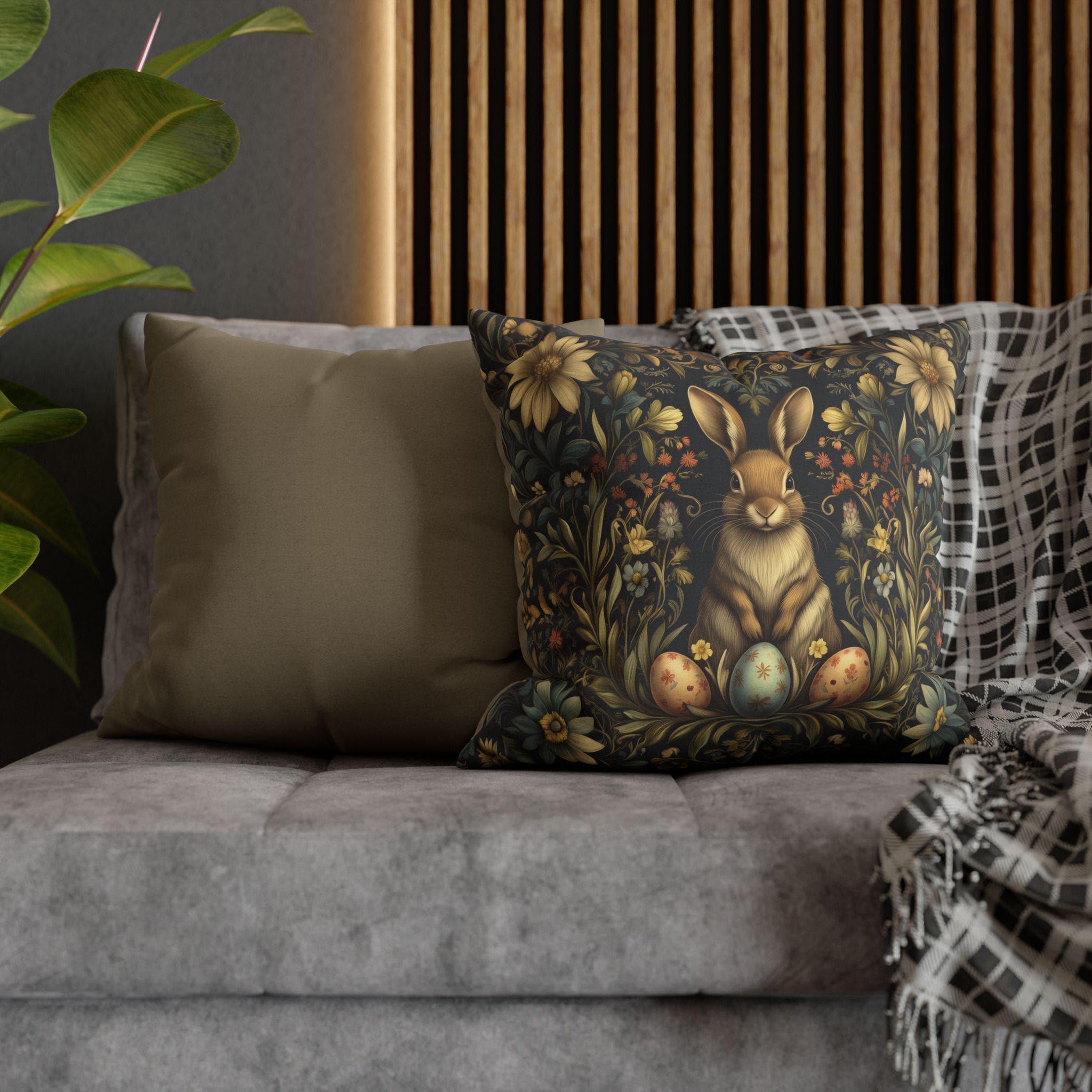 Vintage-Inspired Floral Bunny Pillowcase: William Morris Style Easter Decor, Retro Cushion Cover