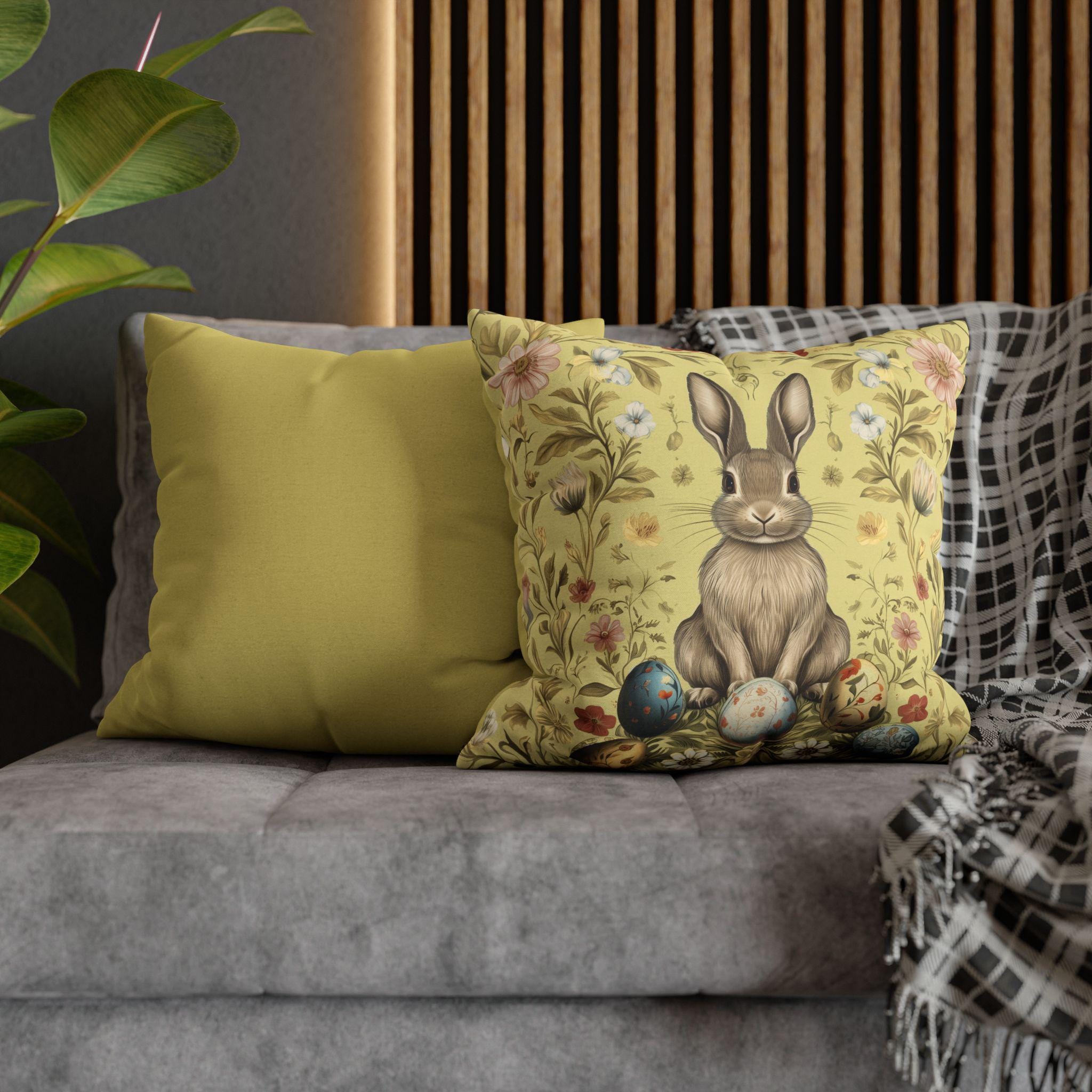 Easter Bunny Square Pillowcase: Vintage Floral Botanical Art Inspired by William Morris
