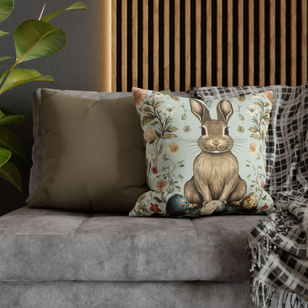 Vintage-Inspired Easter Bunny Pillowcase: William Morris-Style Floral Botanical Art in Pastel Blue