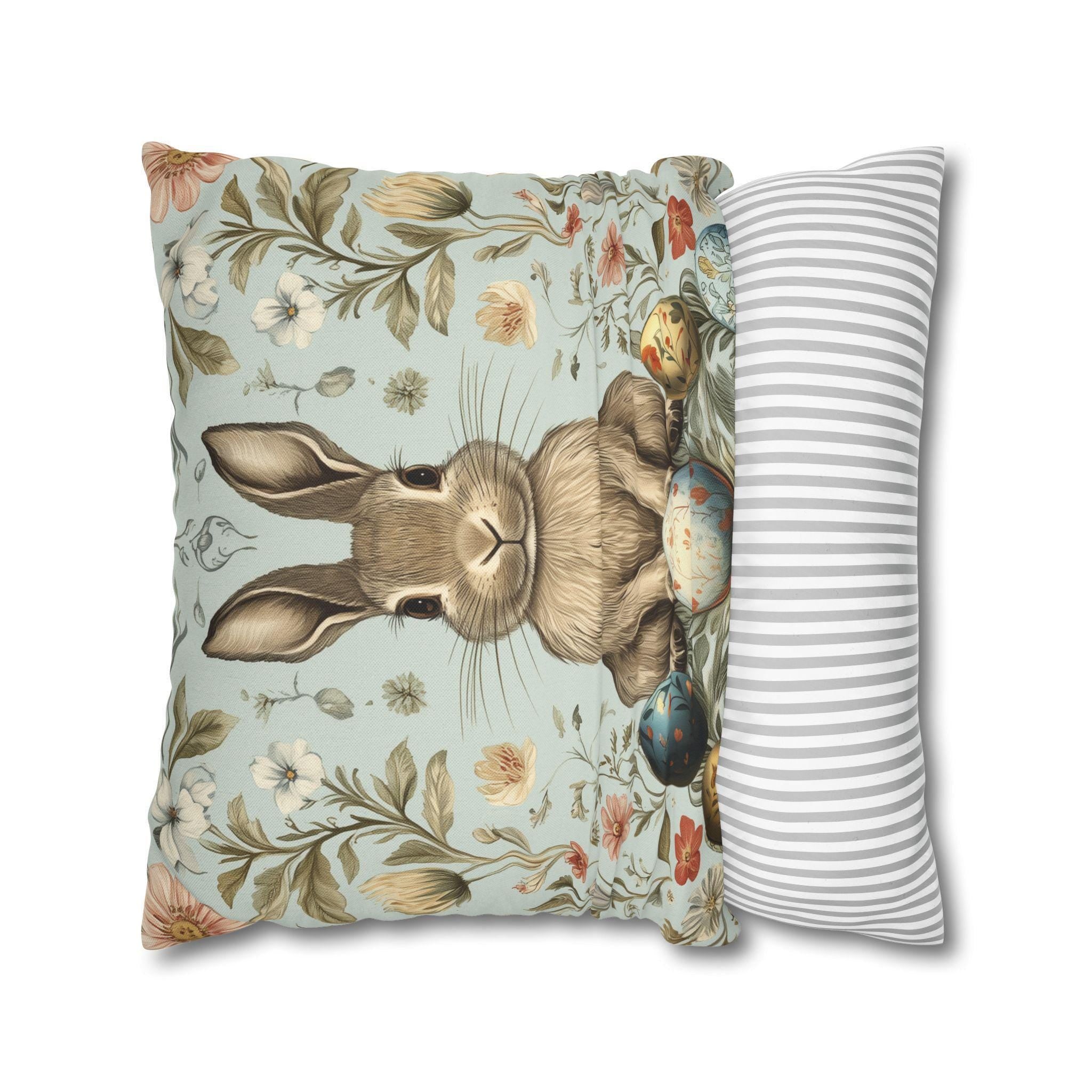 Vintage-Inspired Easter Bunny Pillowcase: William Morris-Style Floral Botanical Art in Pastel Blue