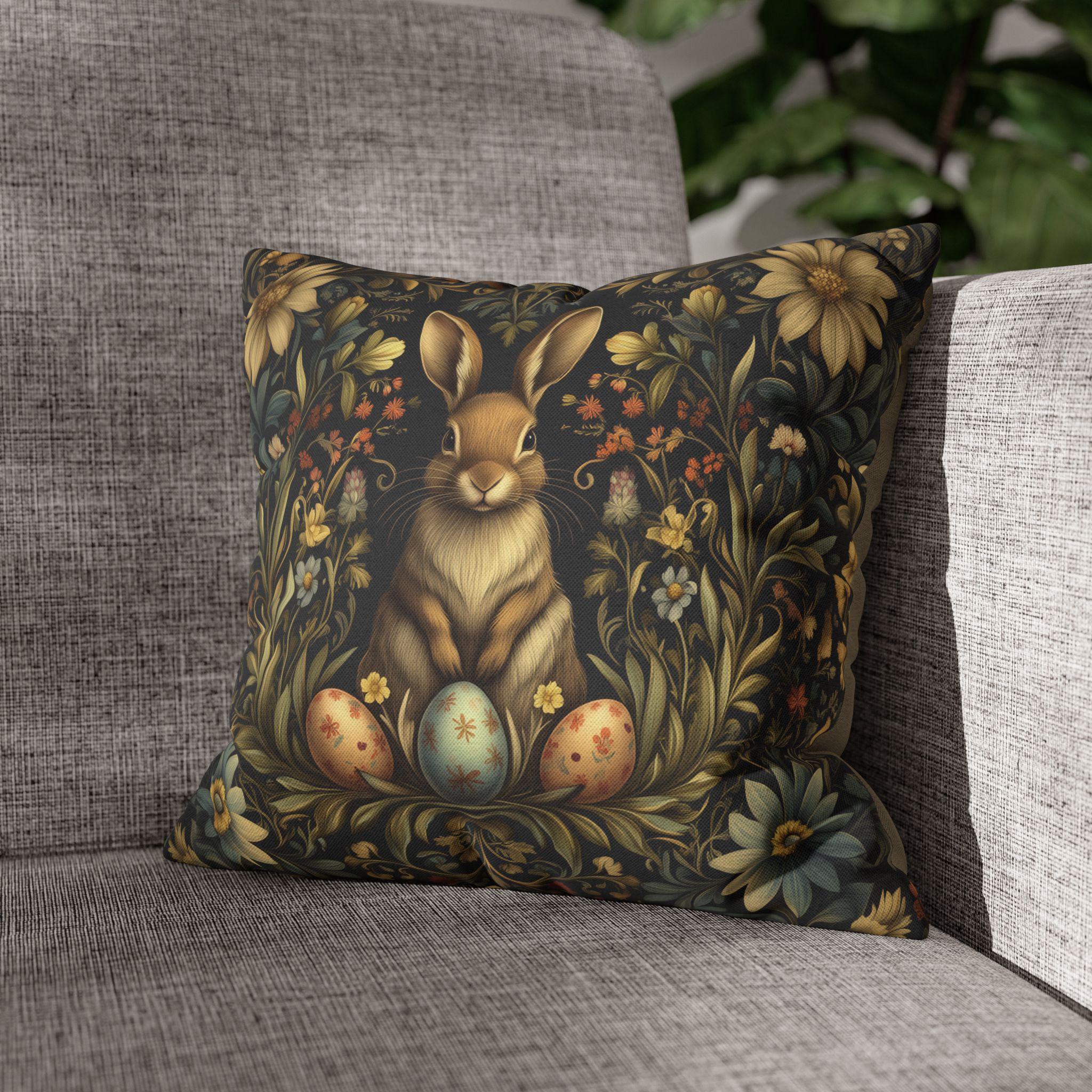 Vintage-Inspired Floral Bunny Pillowcase: William Morris Style Easter Decor, Retro Cushion Cover