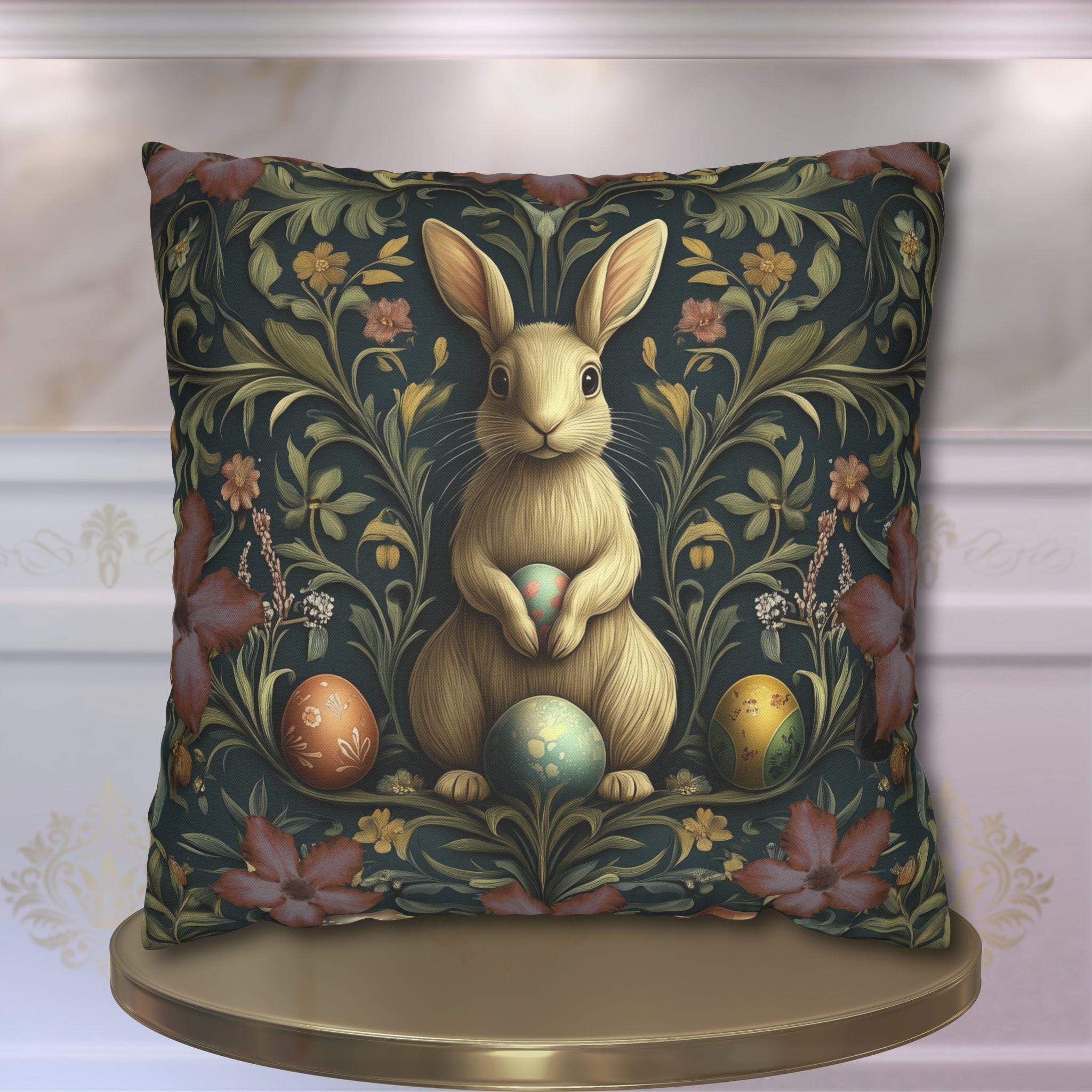 William Morris-Inspired Easter Rabbit Pillowcase: Vintage Botanical Spring Cushion Cover for Home Decor