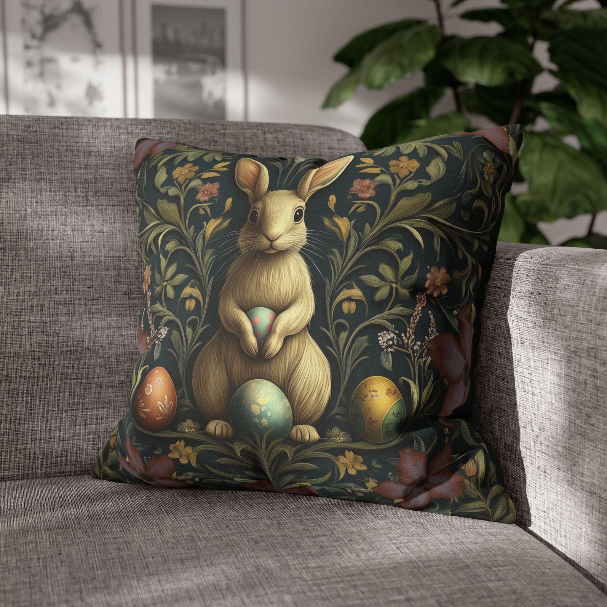 William Morris-Inspired Easter Rabbit Pillowcase: Vintage Botanical Spring Cushion Cover for Home Decor