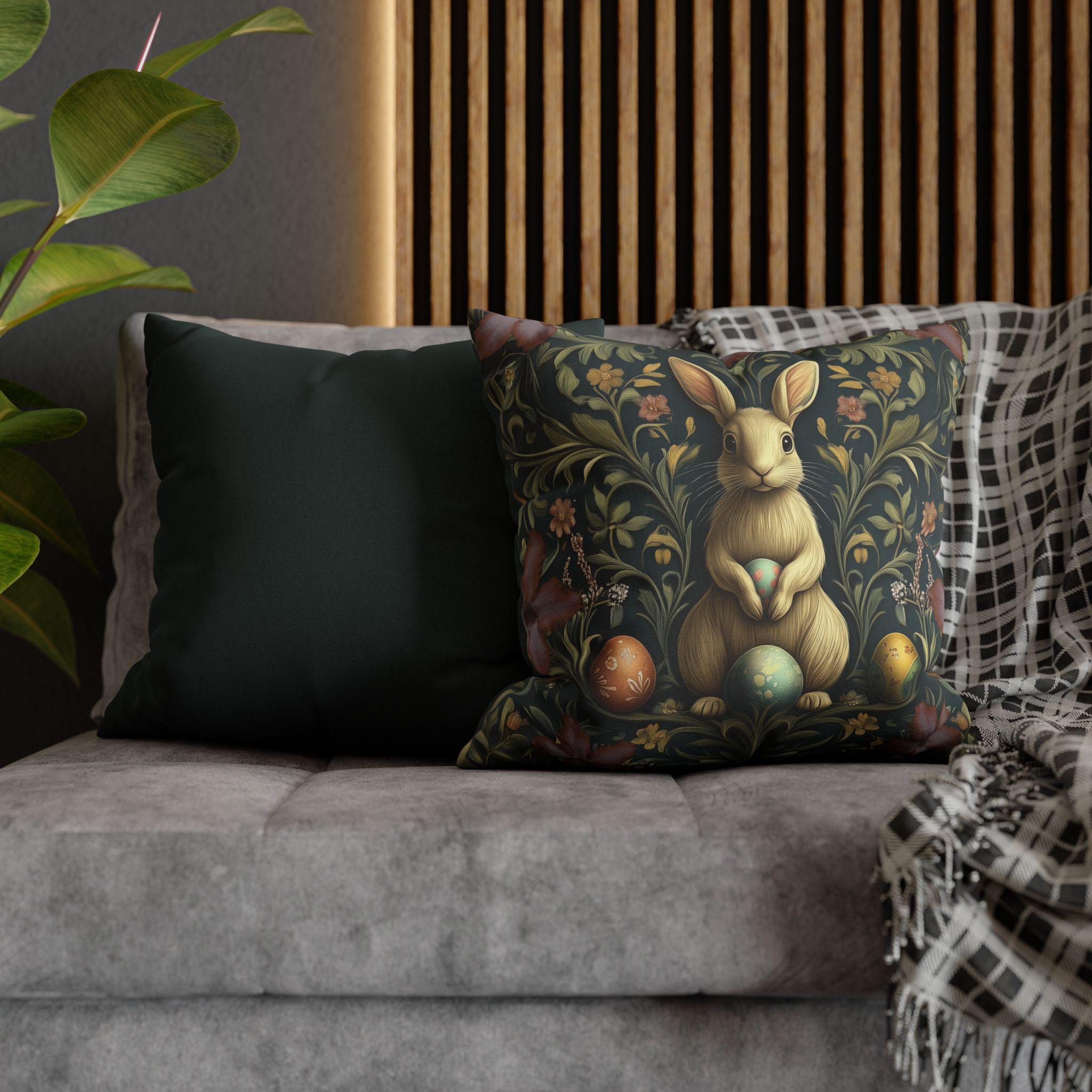 William Morris-Inspired Easter Rabbit Pillowcase: Vintage Botanical Spring Cushion Cover for Home Decor