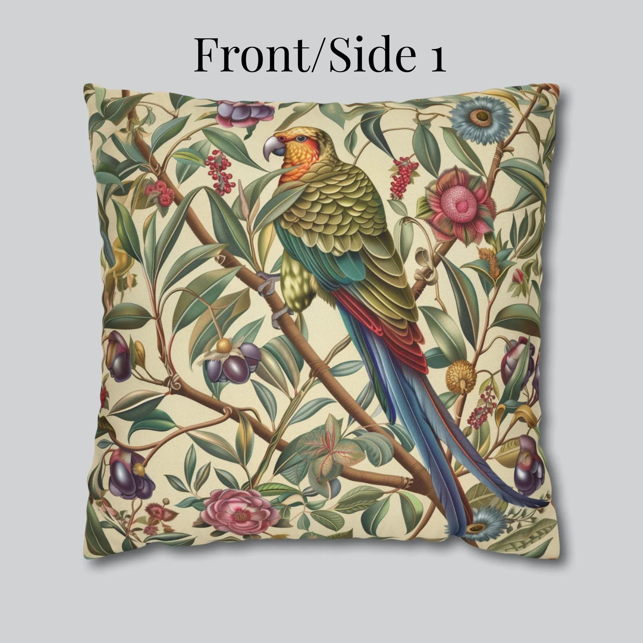 William Morris Inspired Parrot Botanical Tapestry Pillow Cover - Vibrant Home Decor Accent