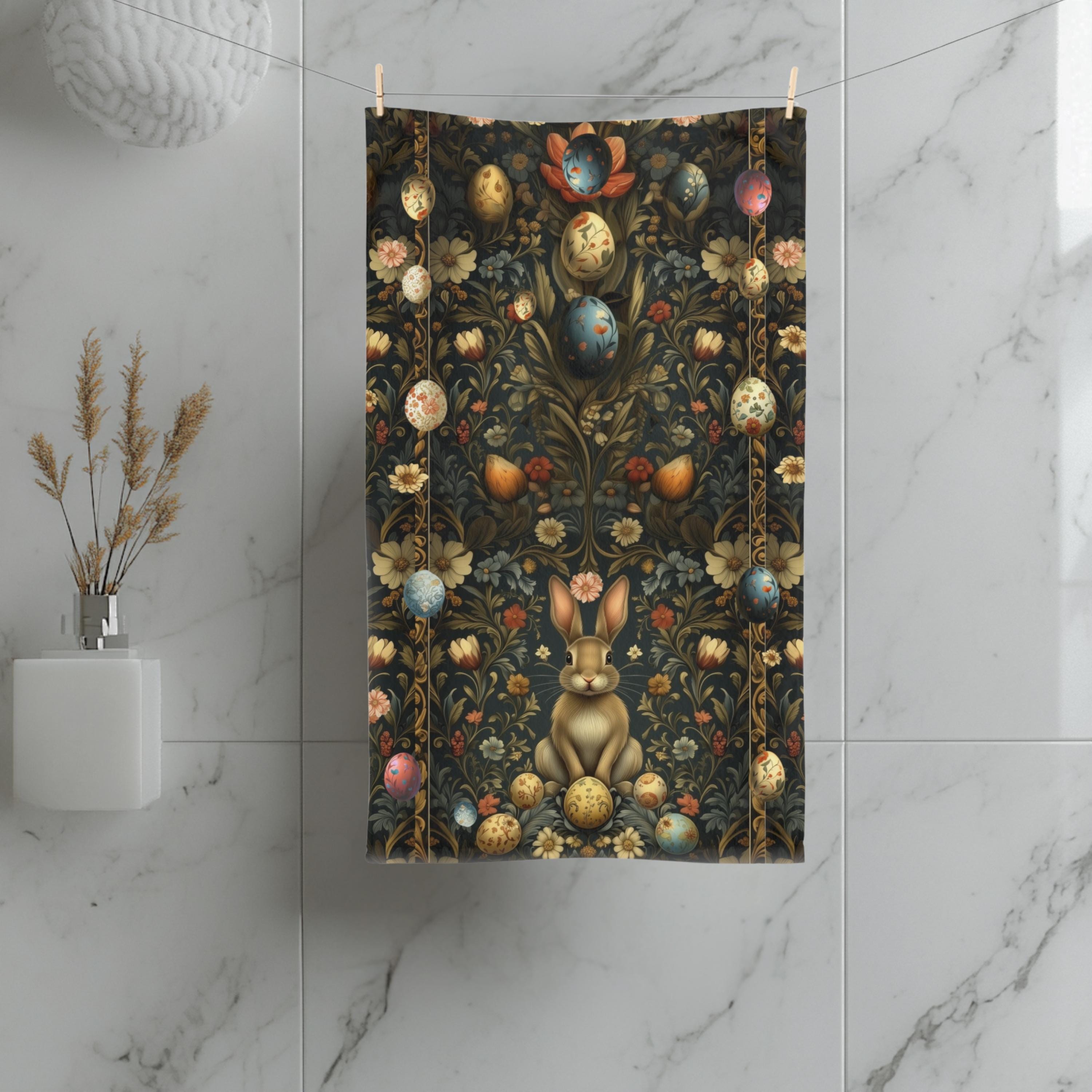 Easter Hand Towel: William Morris Inspired Botanical Floral and Rabbit Motif
