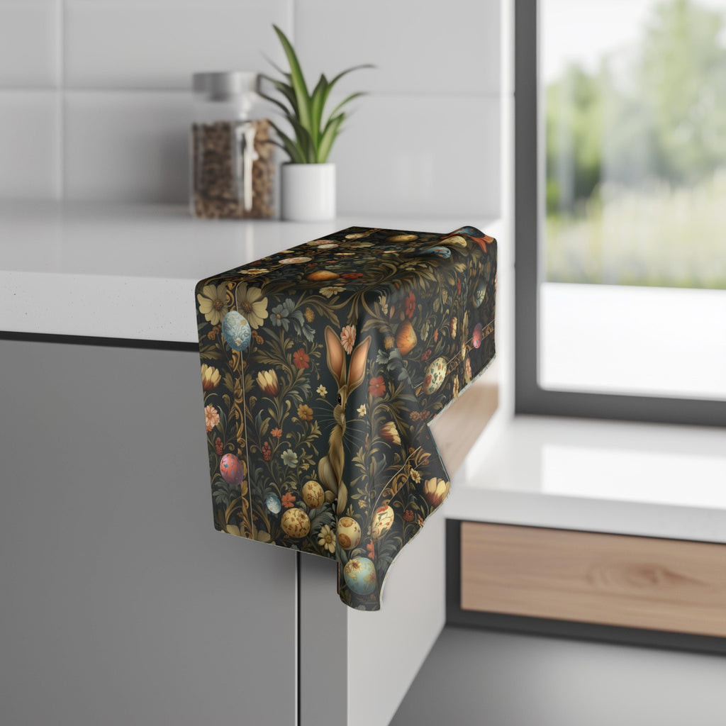 Easter Hand Towel: William Morris Inspired Botanical Floral and Rabbit Motif