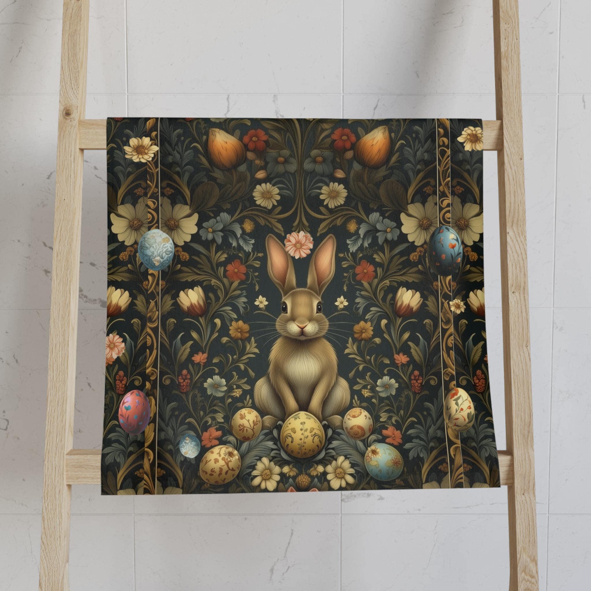 Easter Hand Towel: William Morris Inspired Botanical Floral and Rabbit Motif