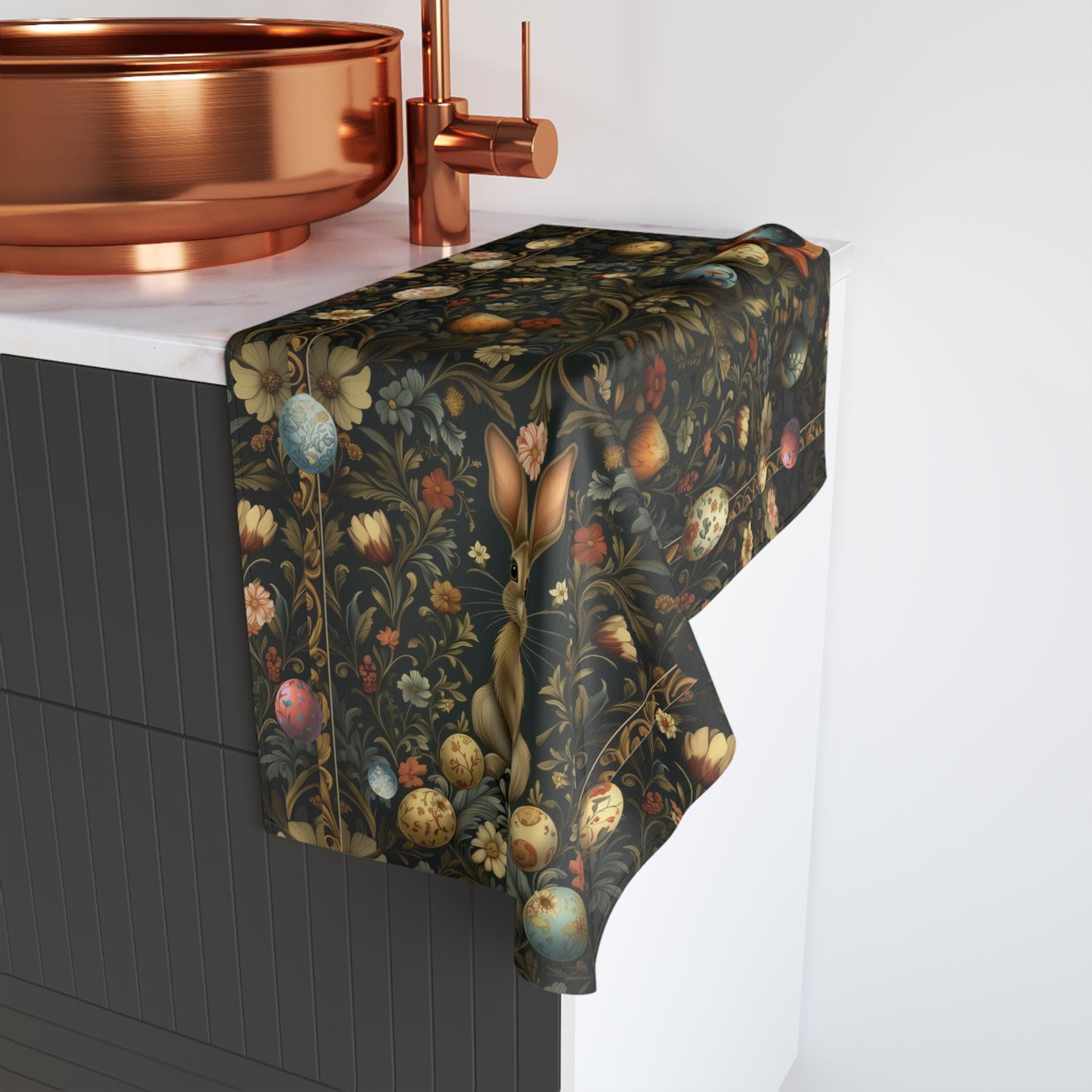 Easter Hand Towel: William Morris Inspired Botanical Floral and Rabbit Motif