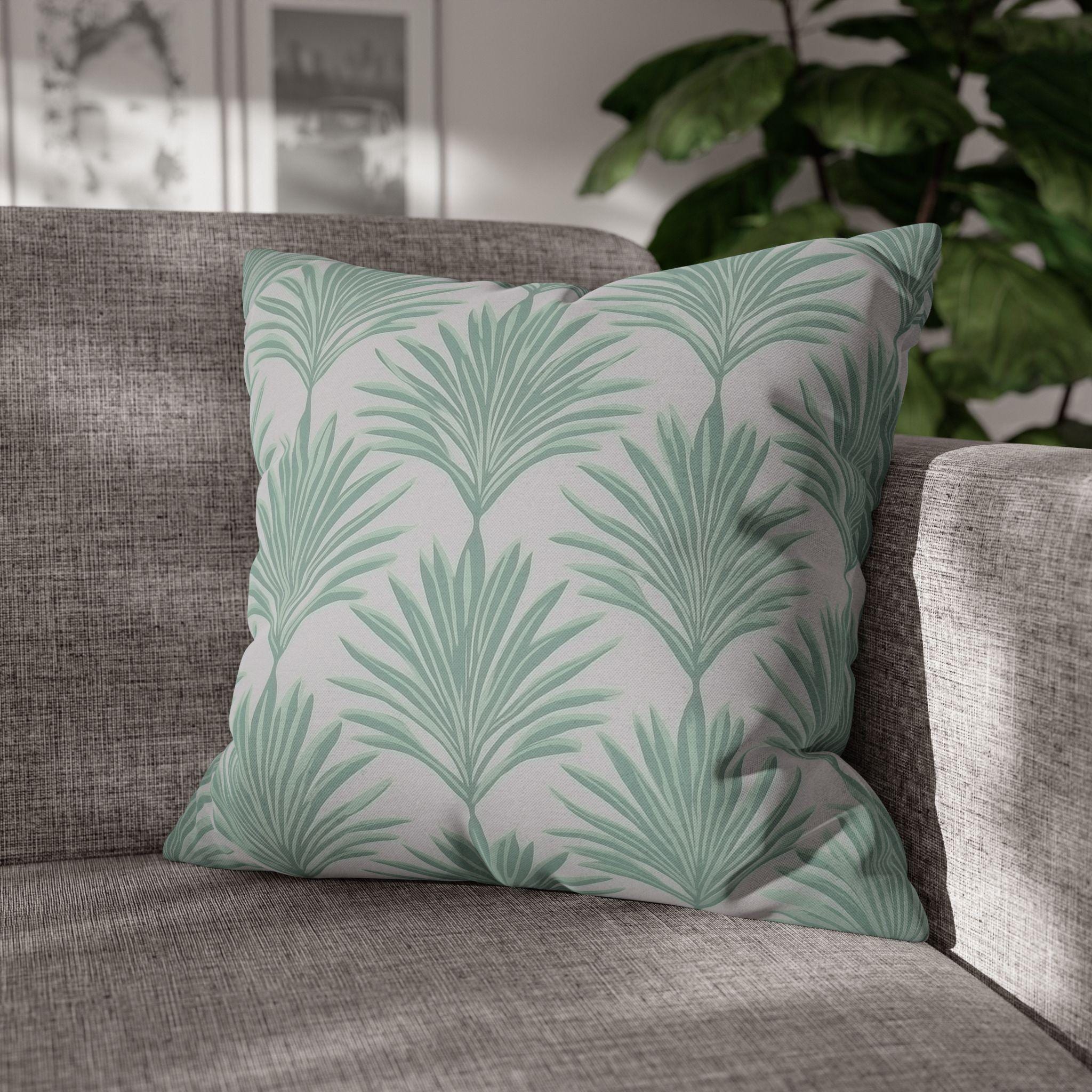 Sage Green & Gray Palm Leaf Pillow Cover: Tropical Minimalist Cushion for Coastal Modern Decor