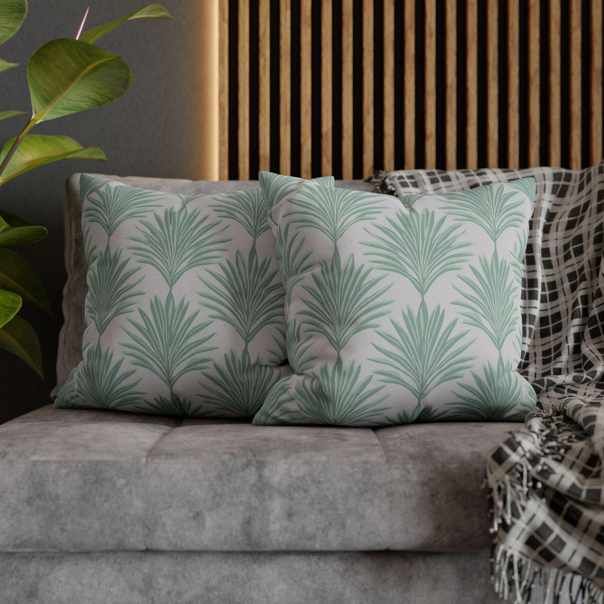 Sage Green & Gray Palm Leaf Pillow Cover: Tropical Minimalist Cushion for Coastal Modern Decor