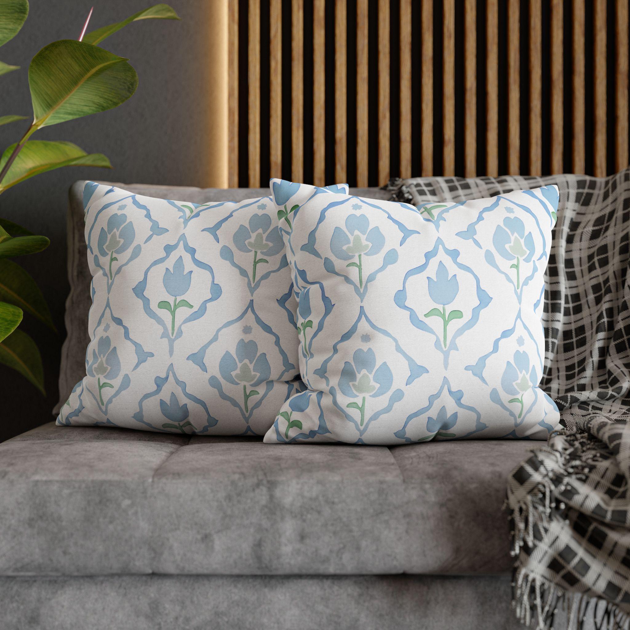 Watercolor Tulip Pillow Cover: Soft Blue & Green Floral Cushion Case for Cottagecore Spring Decor