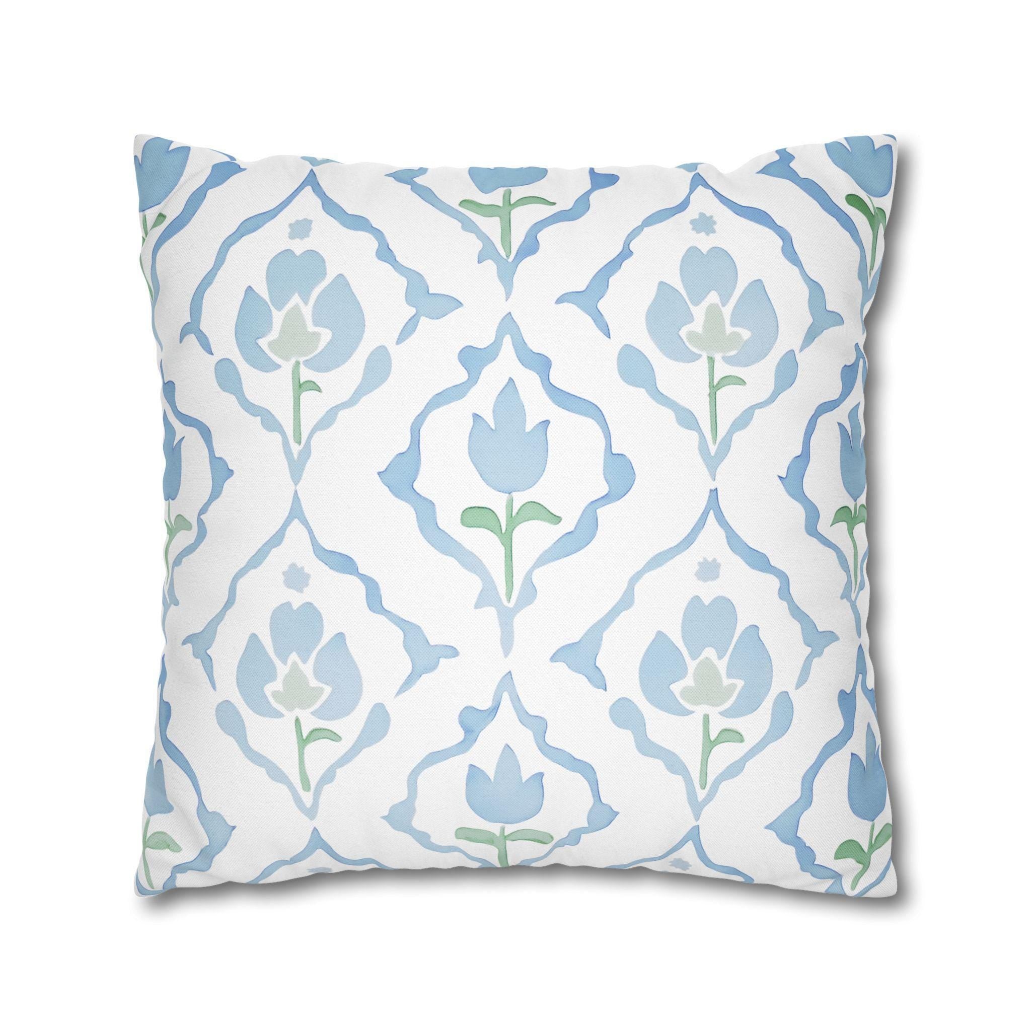 Watercolor Tulip Pillow Cover: Soft Blue & Green Floral Cushion Case for Cottagecore Spring Decor