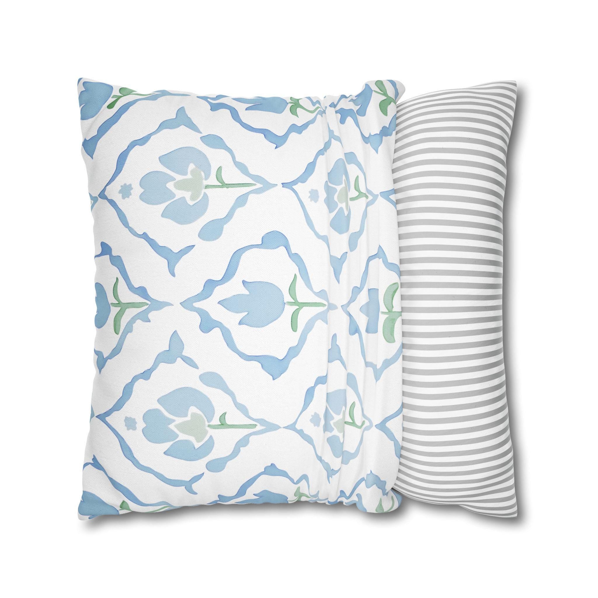 Watercolor Tulip Pillow Cover: Soft Blue & Green Floral Cushion Case for Cottagecore Spring Decor