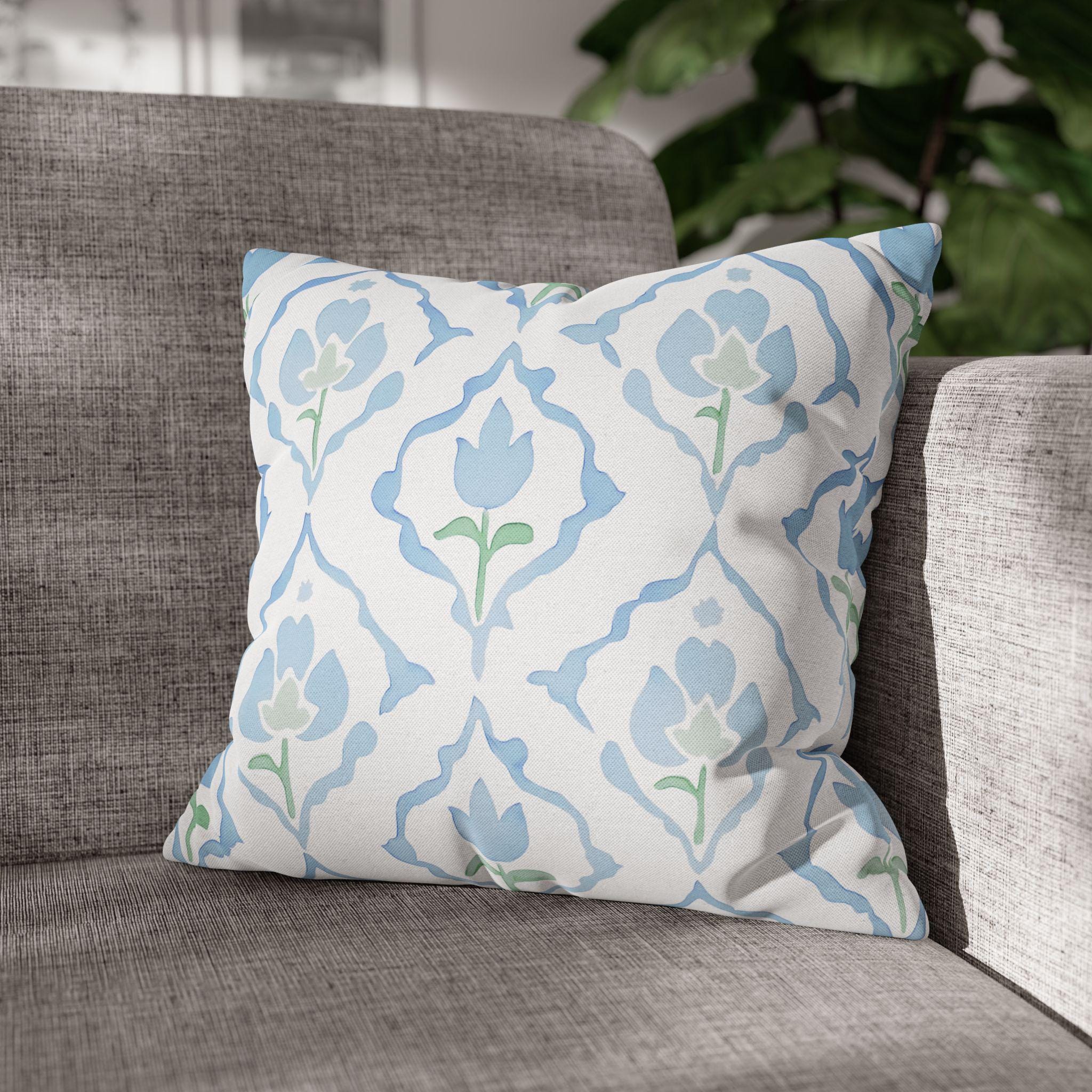 Watercolor Tulip Pillow Cover: Soft Blue & Green Floral Cushion Case for Cottagecore Spring Decor