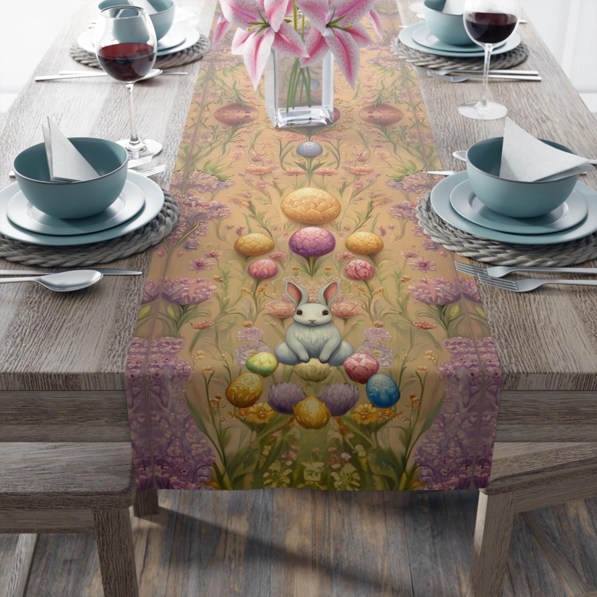 Vintage-Inspired Easter Table Runner: Whimsical Bunny & Floral Design for Springtime Decor