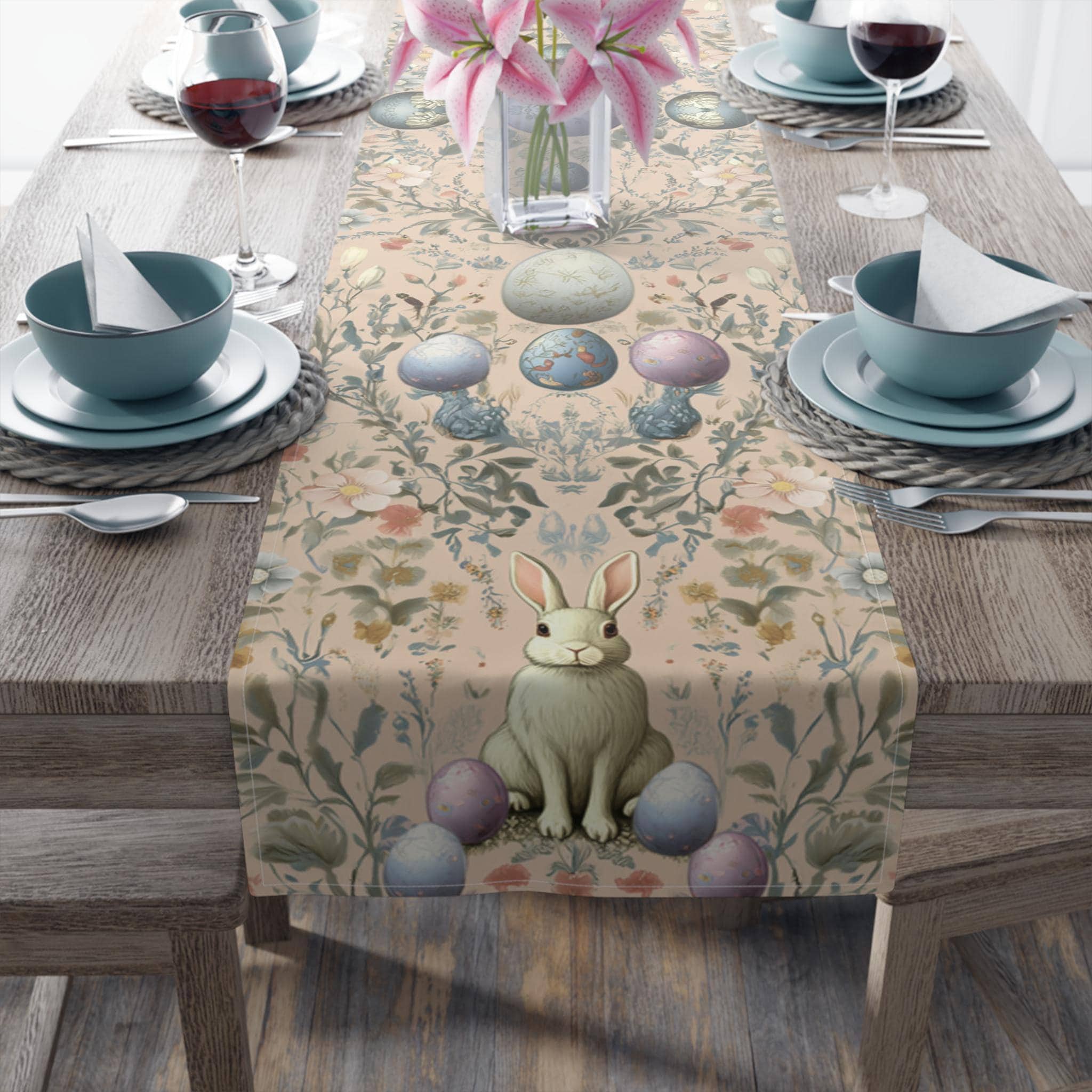 Blush Easter Table Runner: Pastel Bunny & Eggs, Spring Farmhouse Holiday Decor