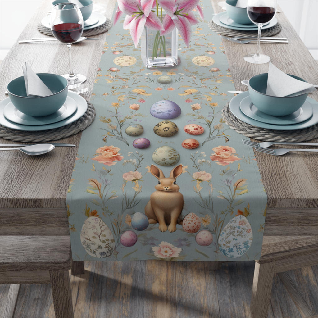 Floral Easter Table Runner: Pastel Botanical Design with Eggs & Bunnies - Spring Farmhouse Decor