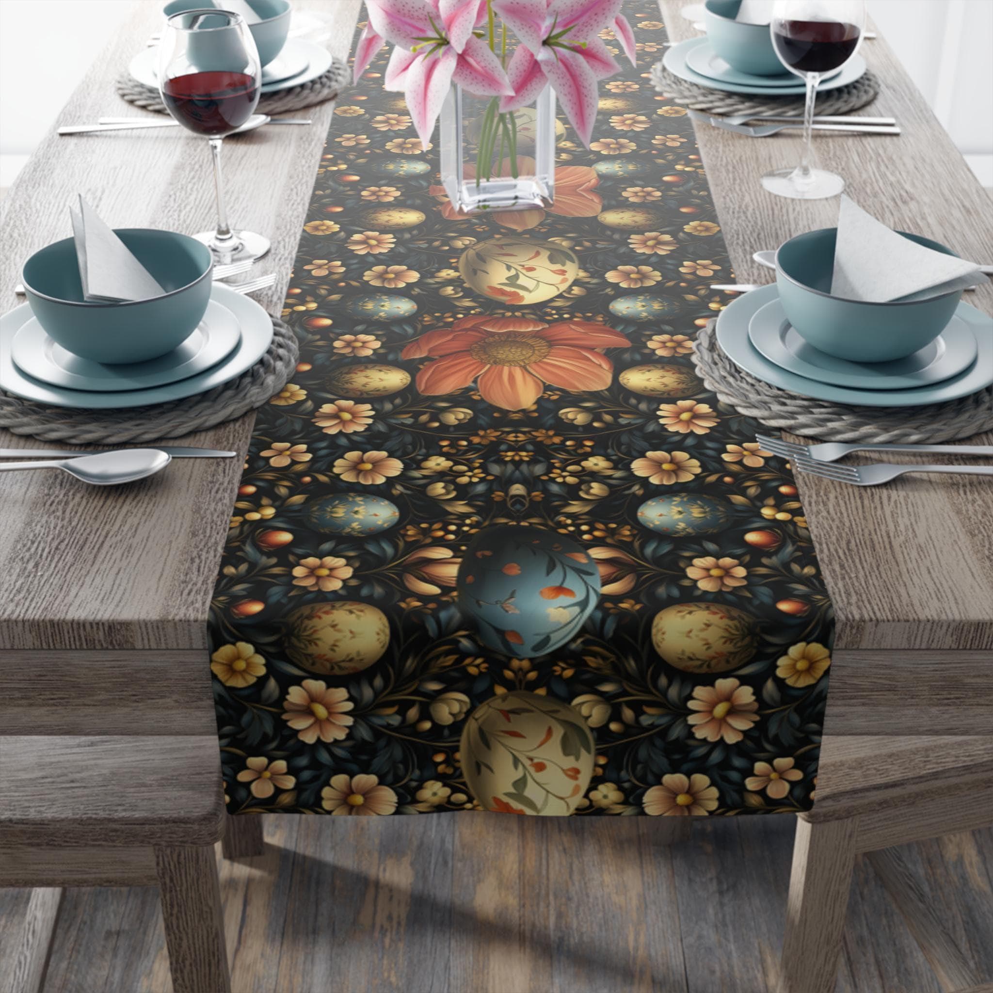 Dark Cottagecore Easter Table Runner: William Morris Teal Botanical, Spring Dining Decor