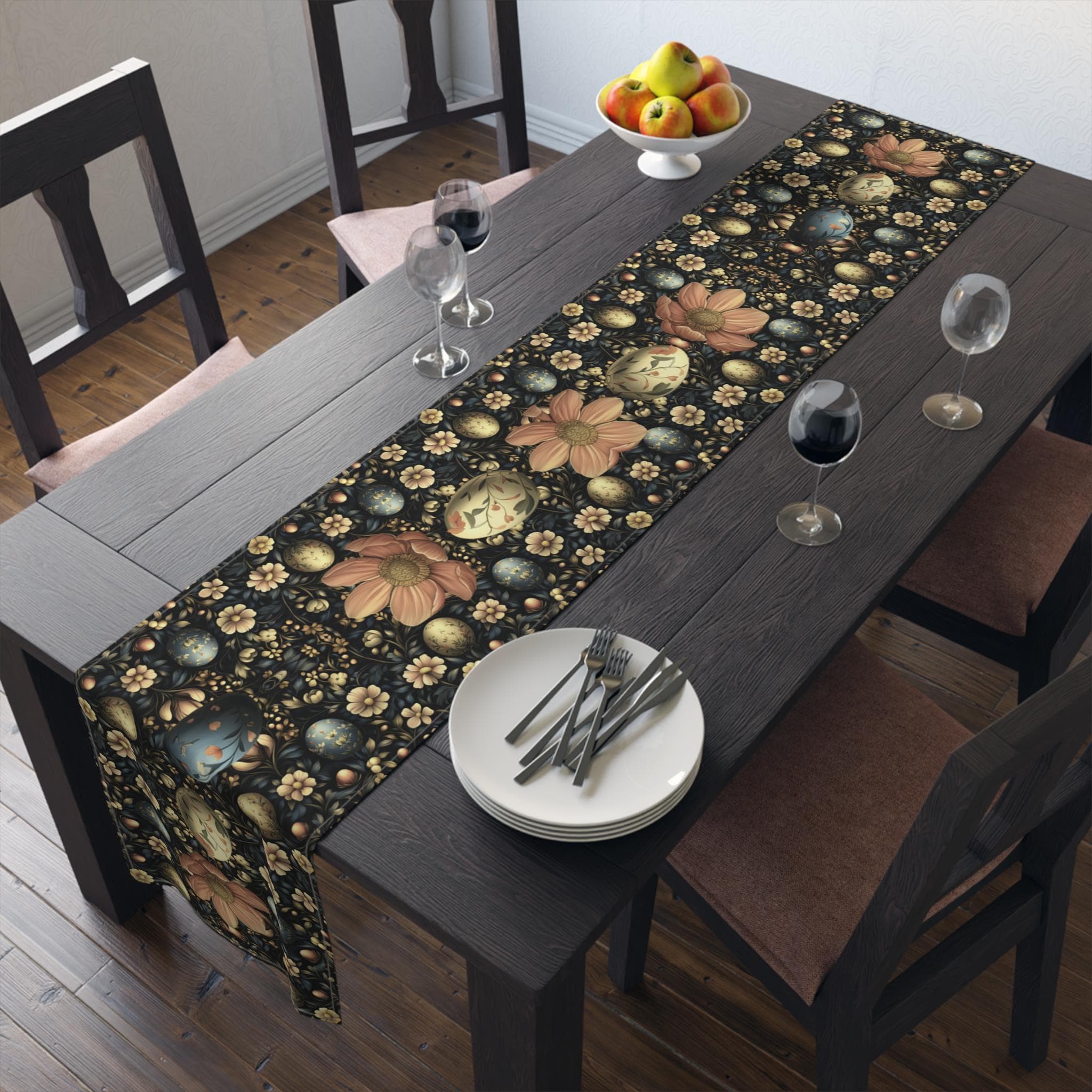 Dark Cottagecore Easter Table Runner: William Morris Teal Botanical, Spring Dining Decor
