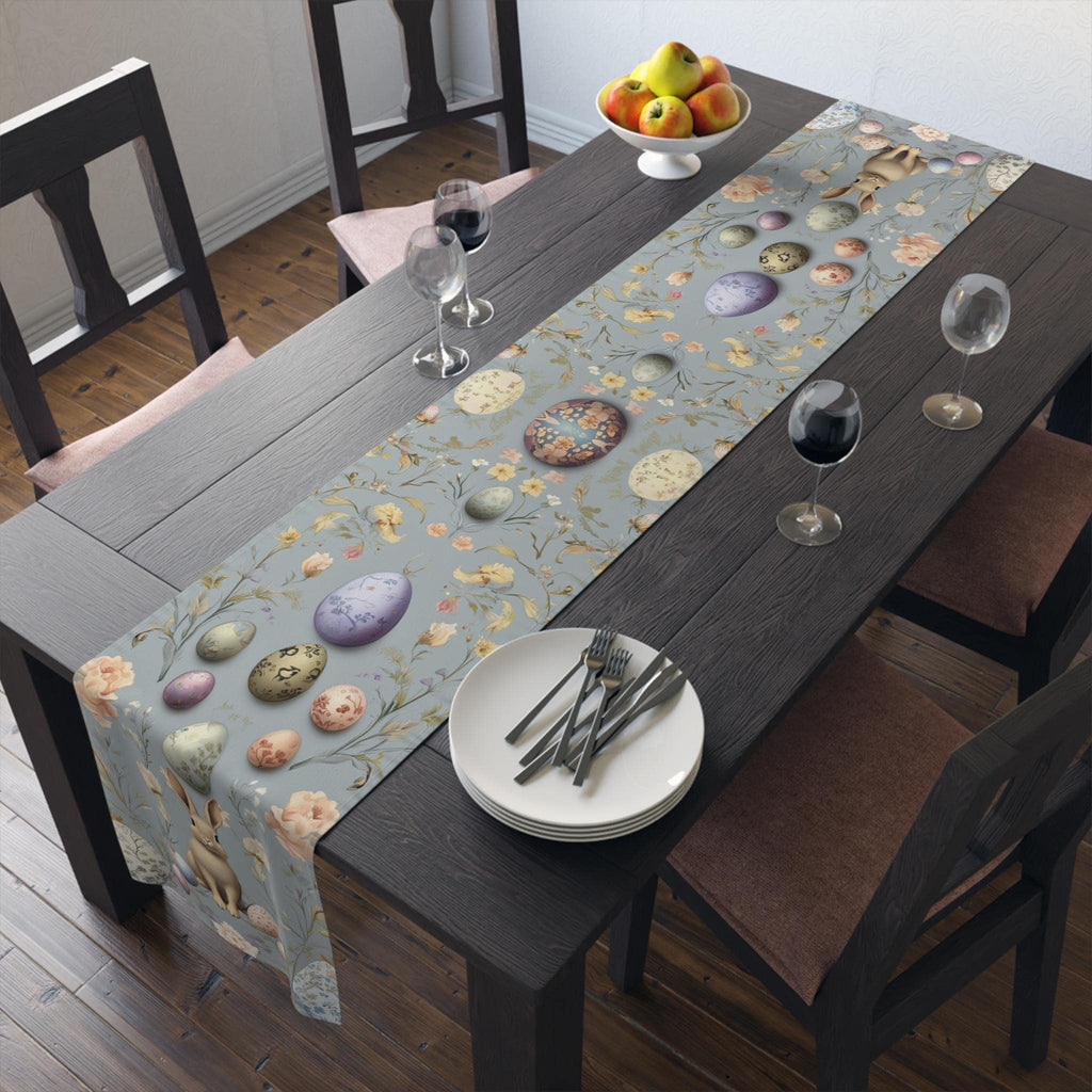 Floral Easter Table Runner: Pastel Botanical Design with Eggs & Bunnies - Spring Farmhouse Decor