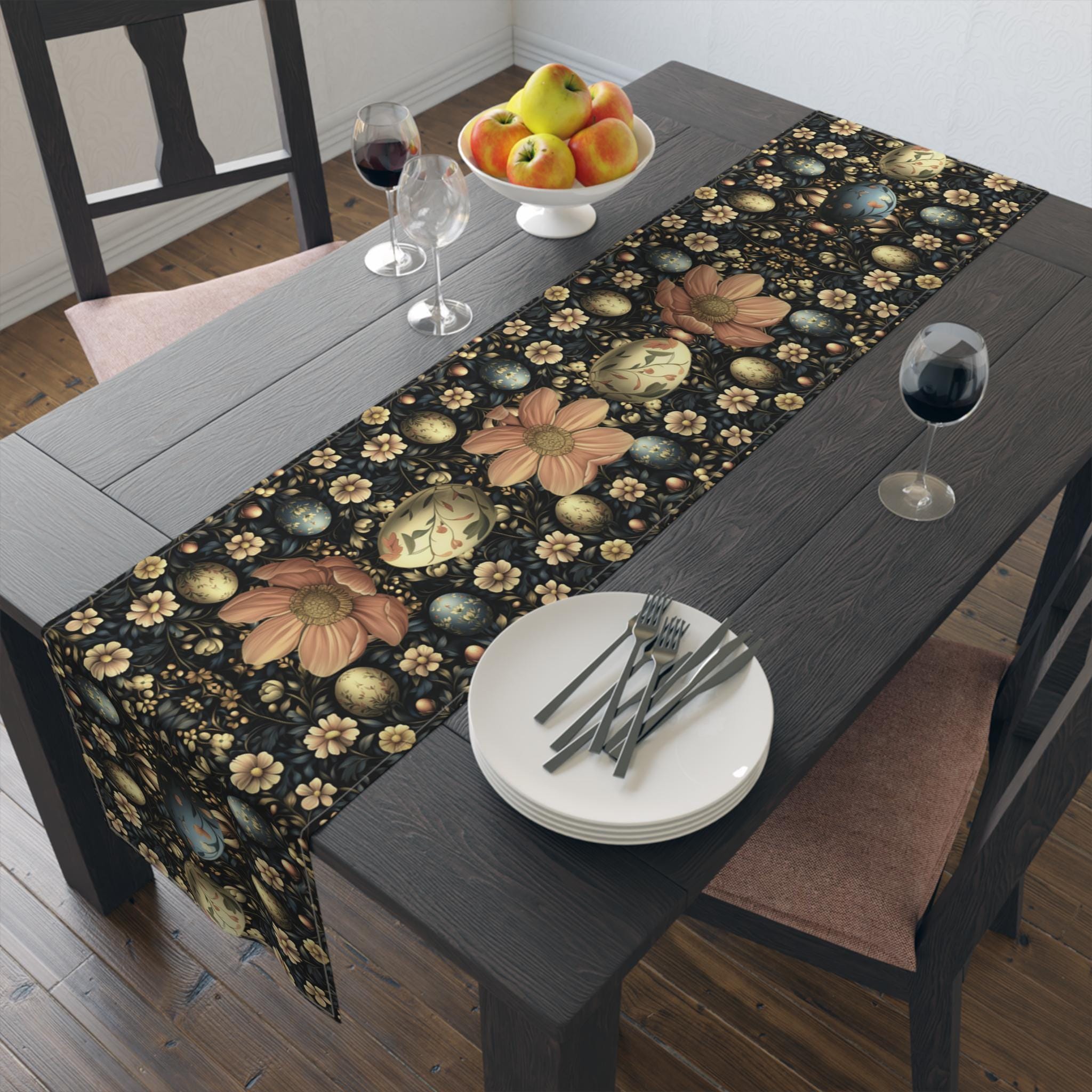 Dark Cottagecore Easter Table Runner: William Morris Teal Botanical, Spring Dining Decor