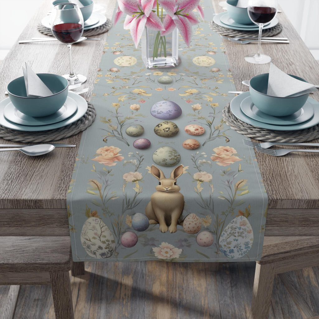 Floral Easter Table Runner: Pastel Botanical Design with Eggs & Bunnies - Spring Farmhouse Decor