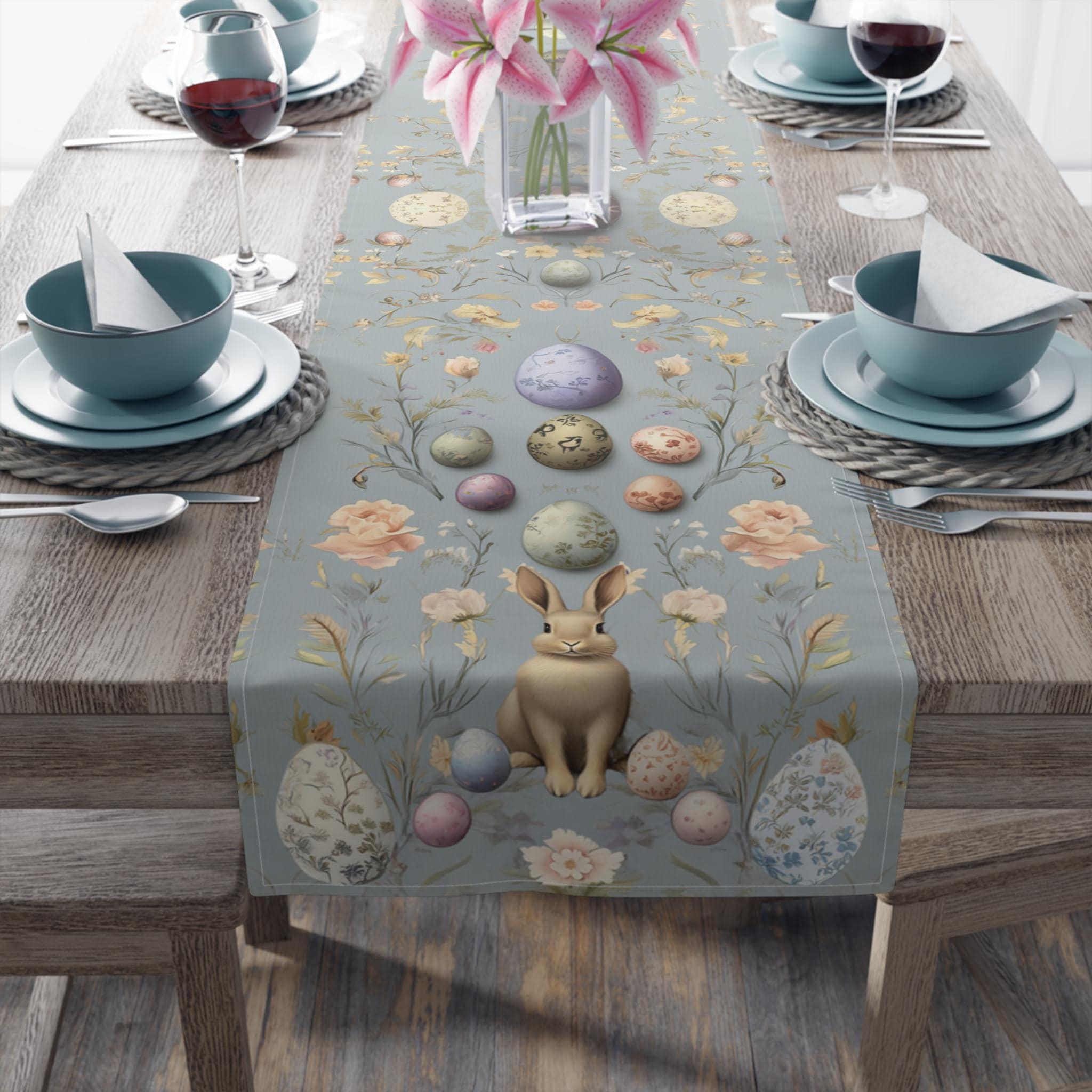 Floral Easter Table Runner: Pastel Botanical Design with Eggs & Bunnies - Spring Farmhouse Decor