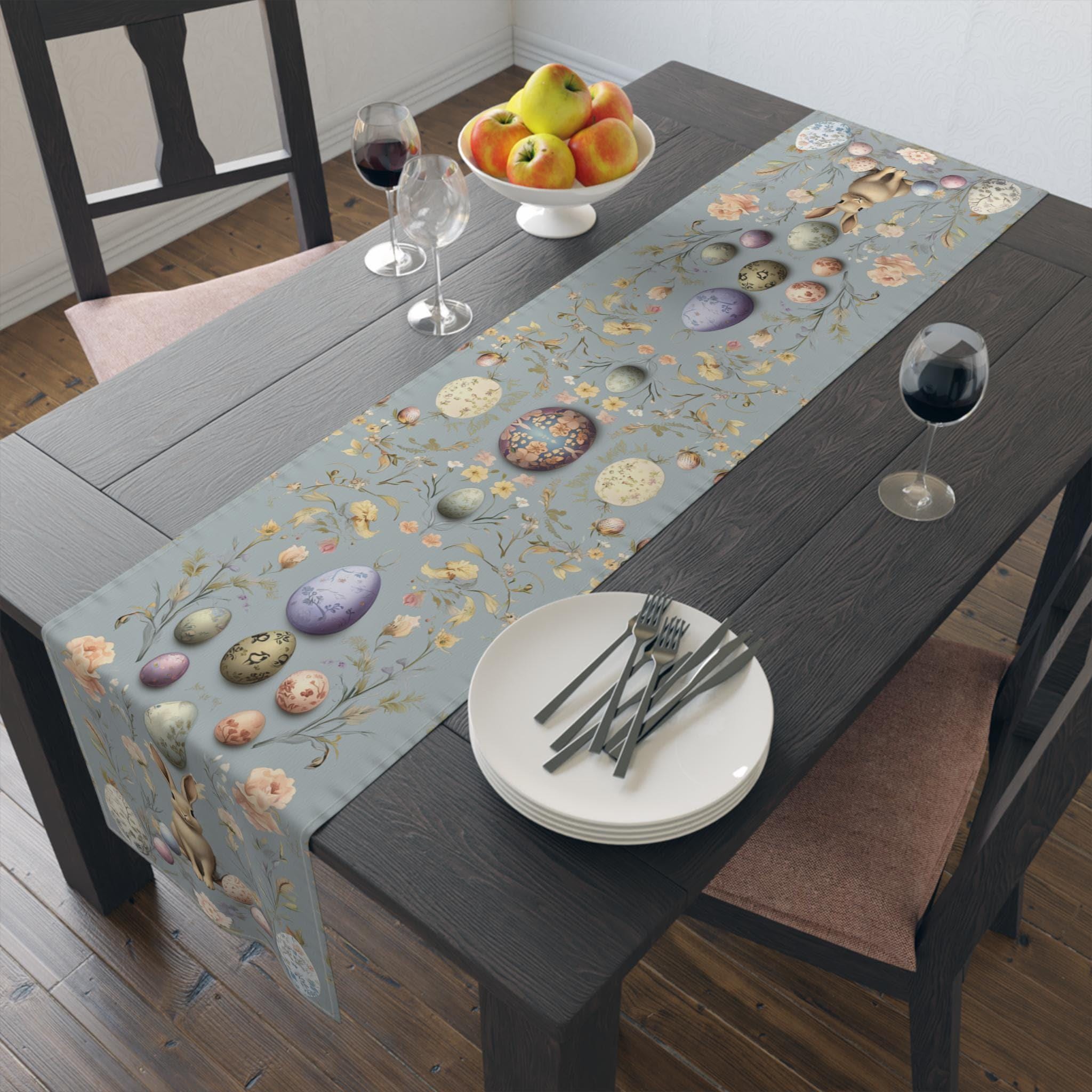 Floral Easter Table Runner: Pastel Botanical Design with Eggs & Bunnies - Spring Farmhouse Decor