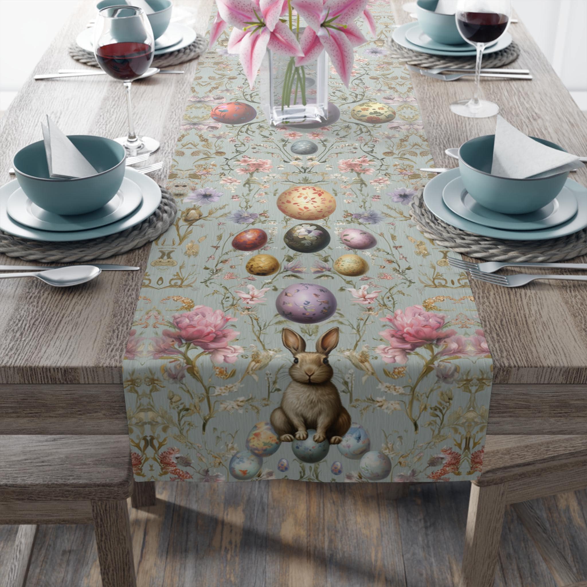 Easter Table Runner: Botanical William Morris Style (Pastel Blue, Two Sizes)