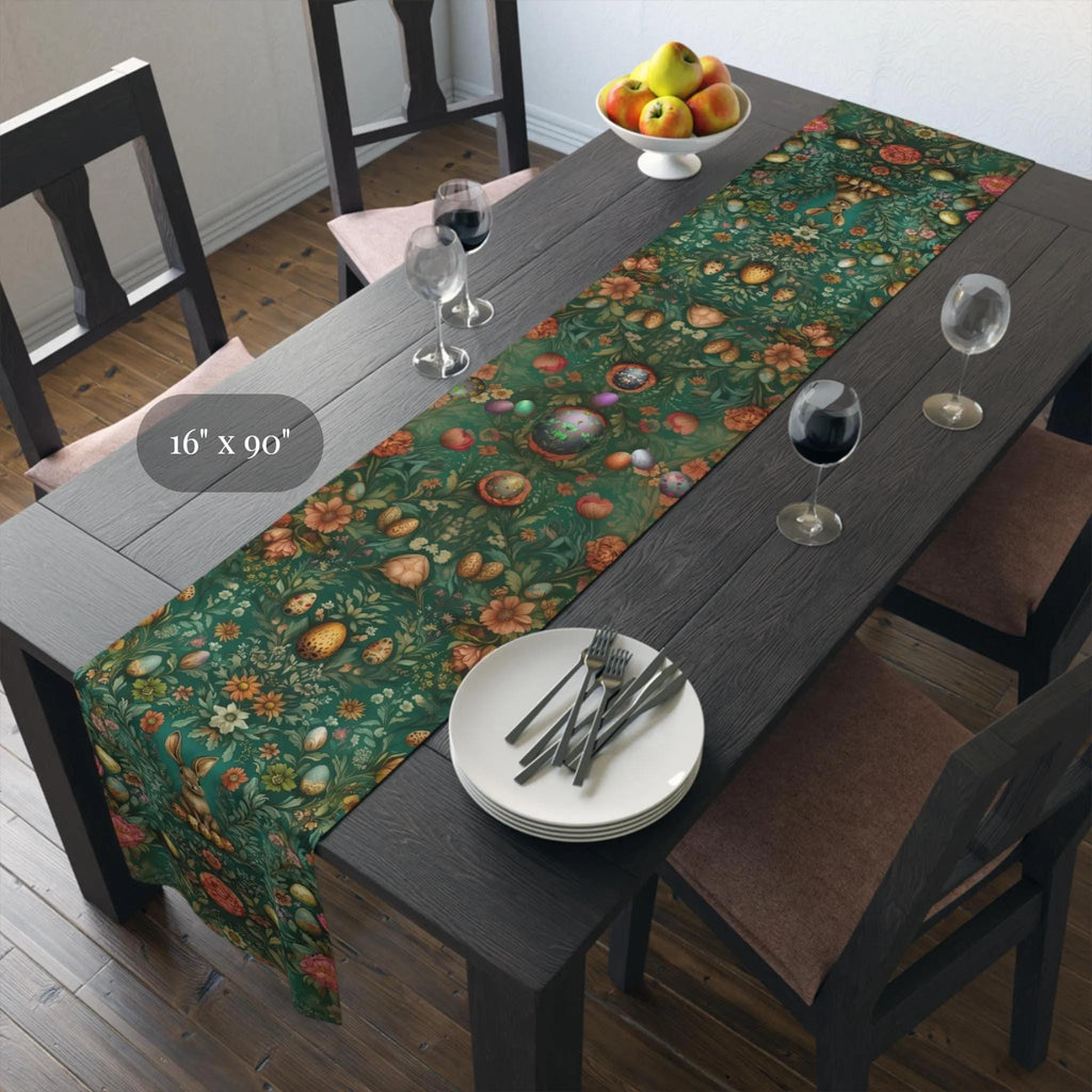 William Morris Inspired Green Easter Table Runner: Vintage Floral & Bunny Design