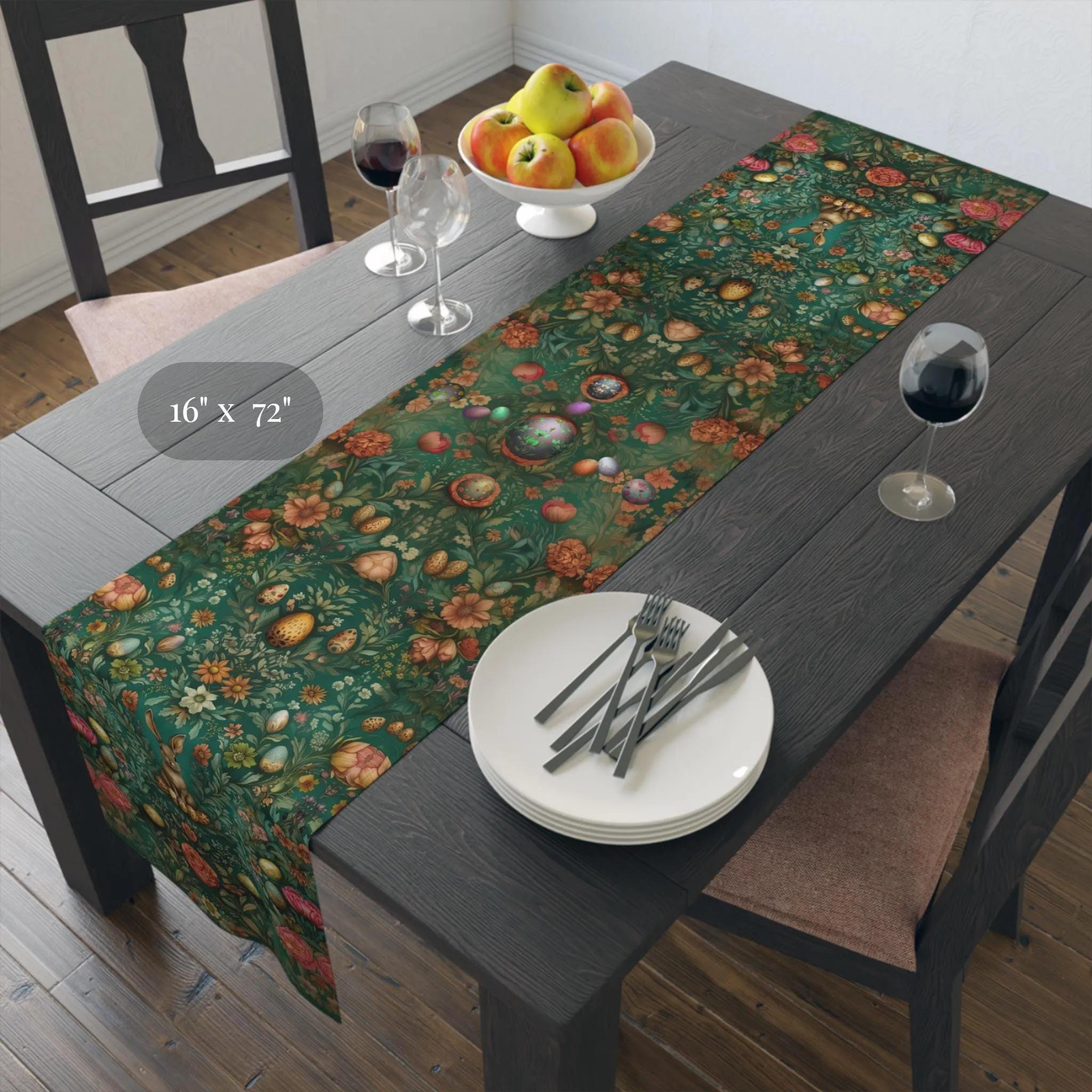 William Morris Inspired Green Easter Table Runner: Vintage Floral & Bunny Design