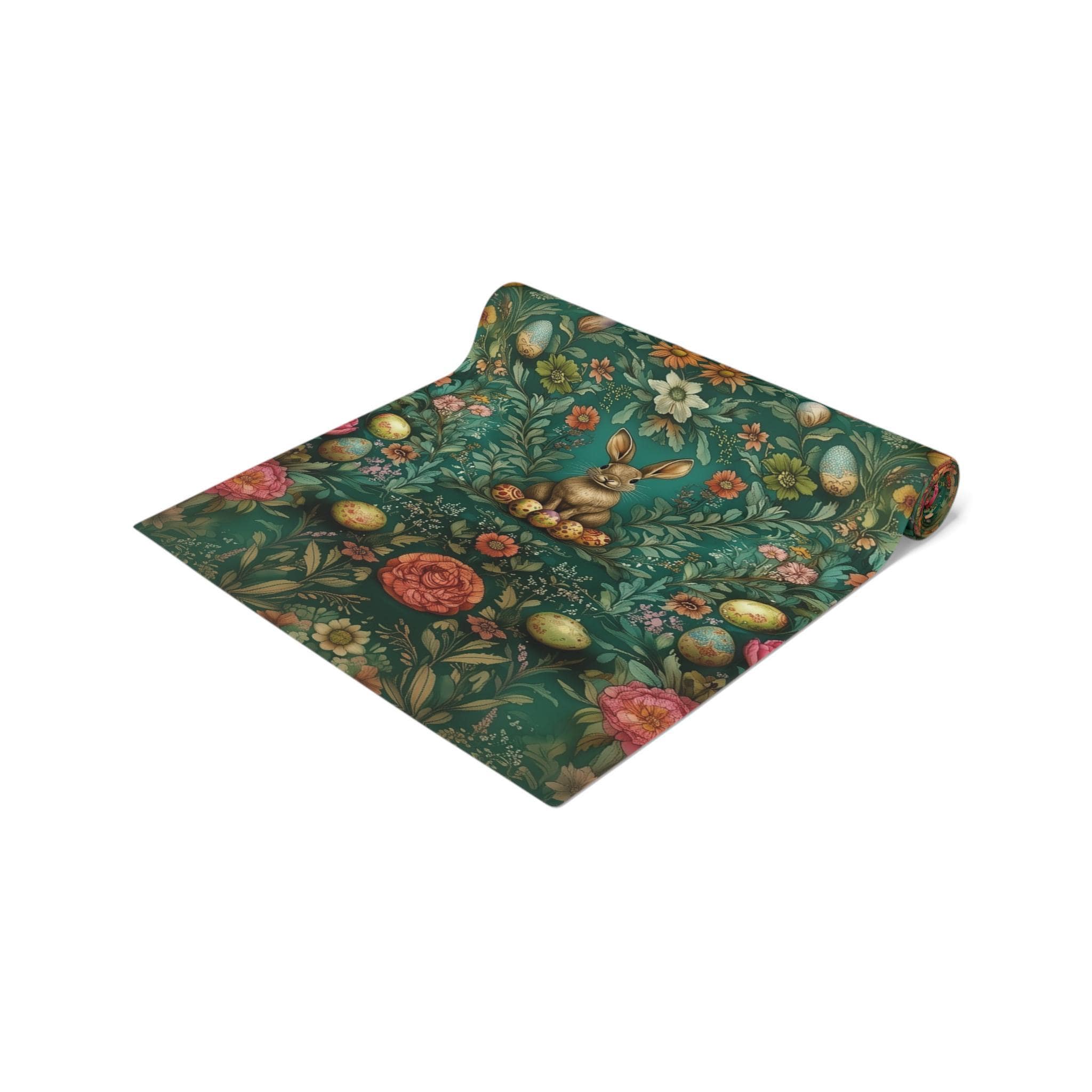 William Morris Inspired Green Easter Table Runner: Vintage Floral & Bunny Design
