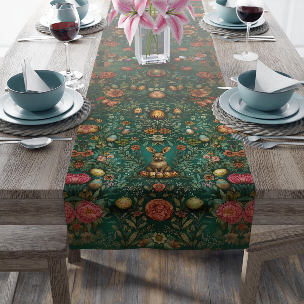 William Morris Inspired Green Easter Table Runner: Vintage Floral & Bunny Design