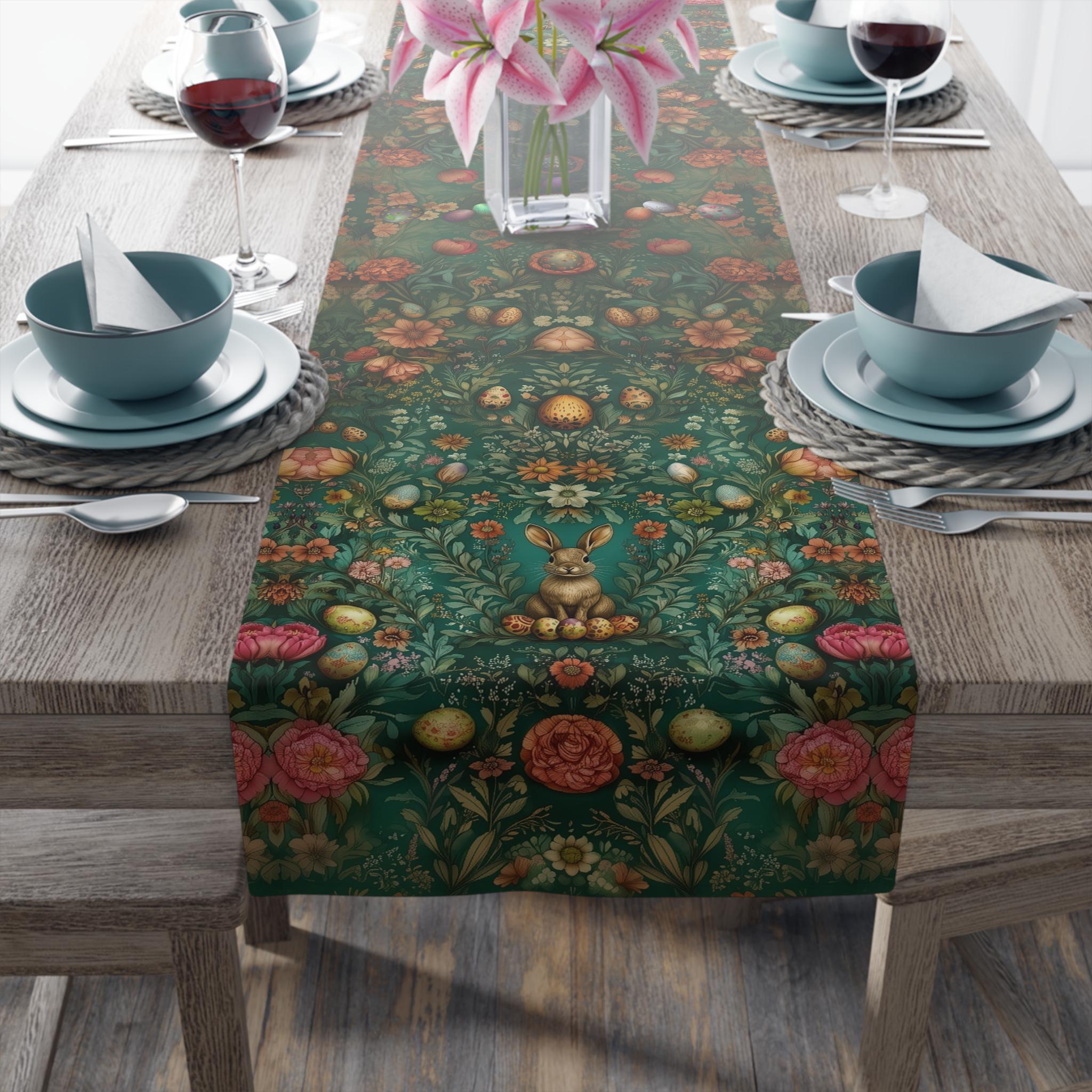 William Morris Inspired Green Easter Table Runner: Vintage Floral & Bunny Design